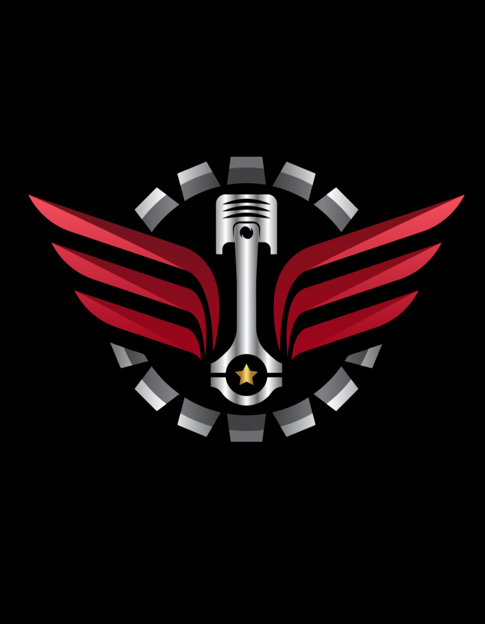 A stylized emblem featuring an engine piston at the center with wings and gears, primarily in red, gray, and black colors.