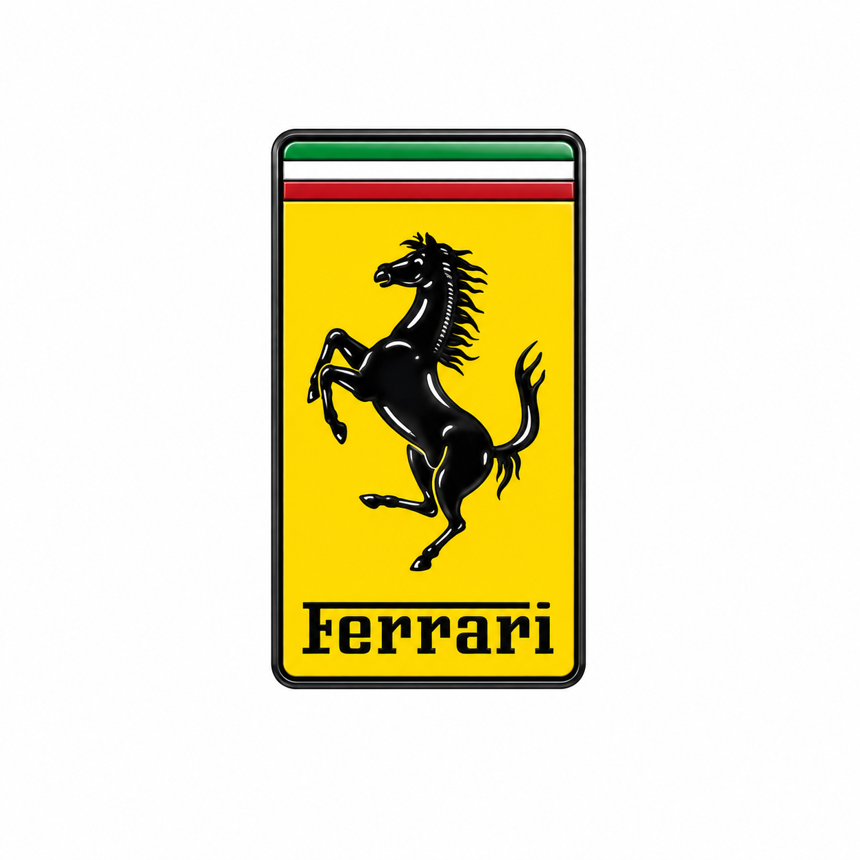 Ferrari logo featuring a black prancing horse on a yellow background with the word 'Ferrari' below.
