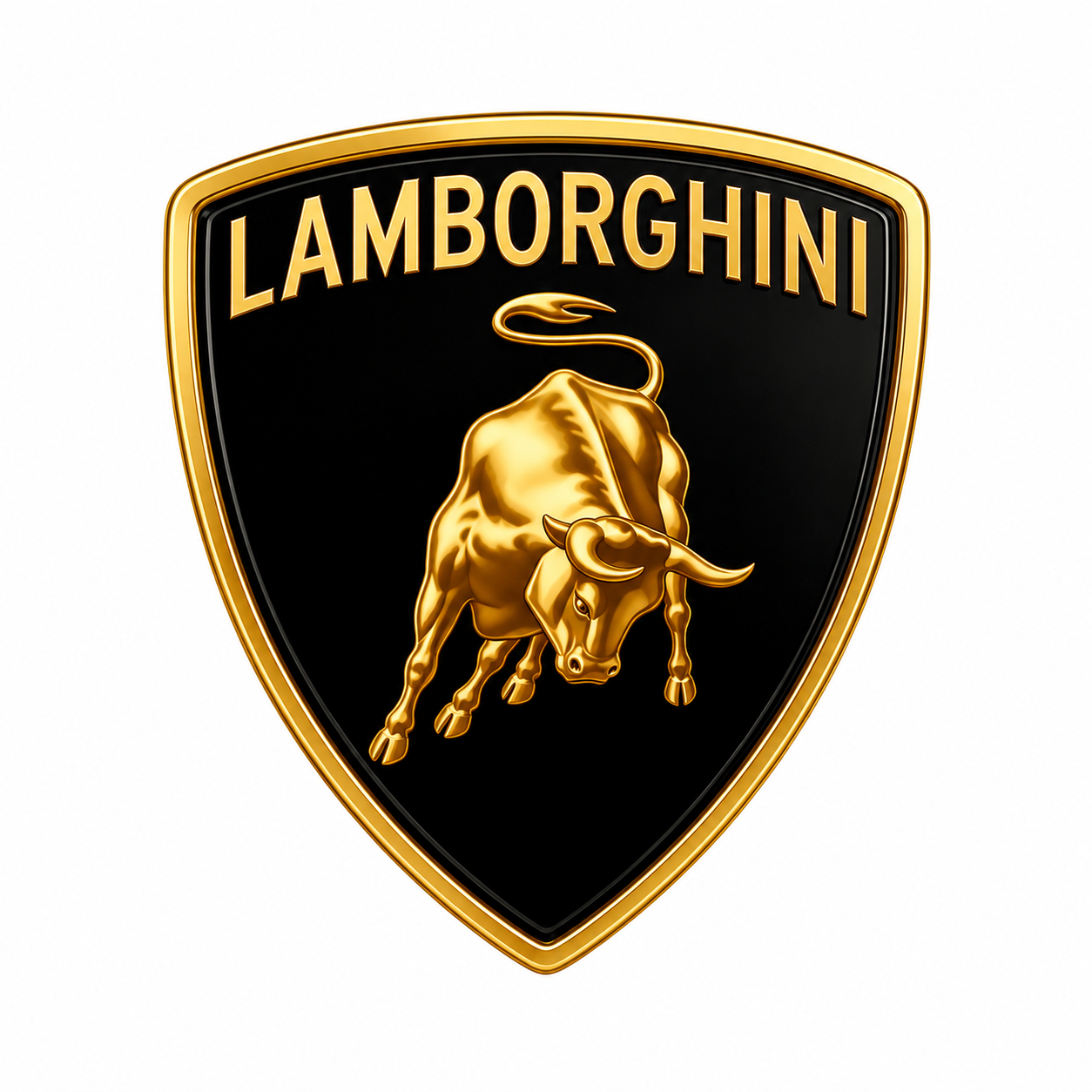 A black and gold Lamborghini emblem featuring a gold bull on a black shield background with a gold border, and the word 'Lamborghini' at the top.