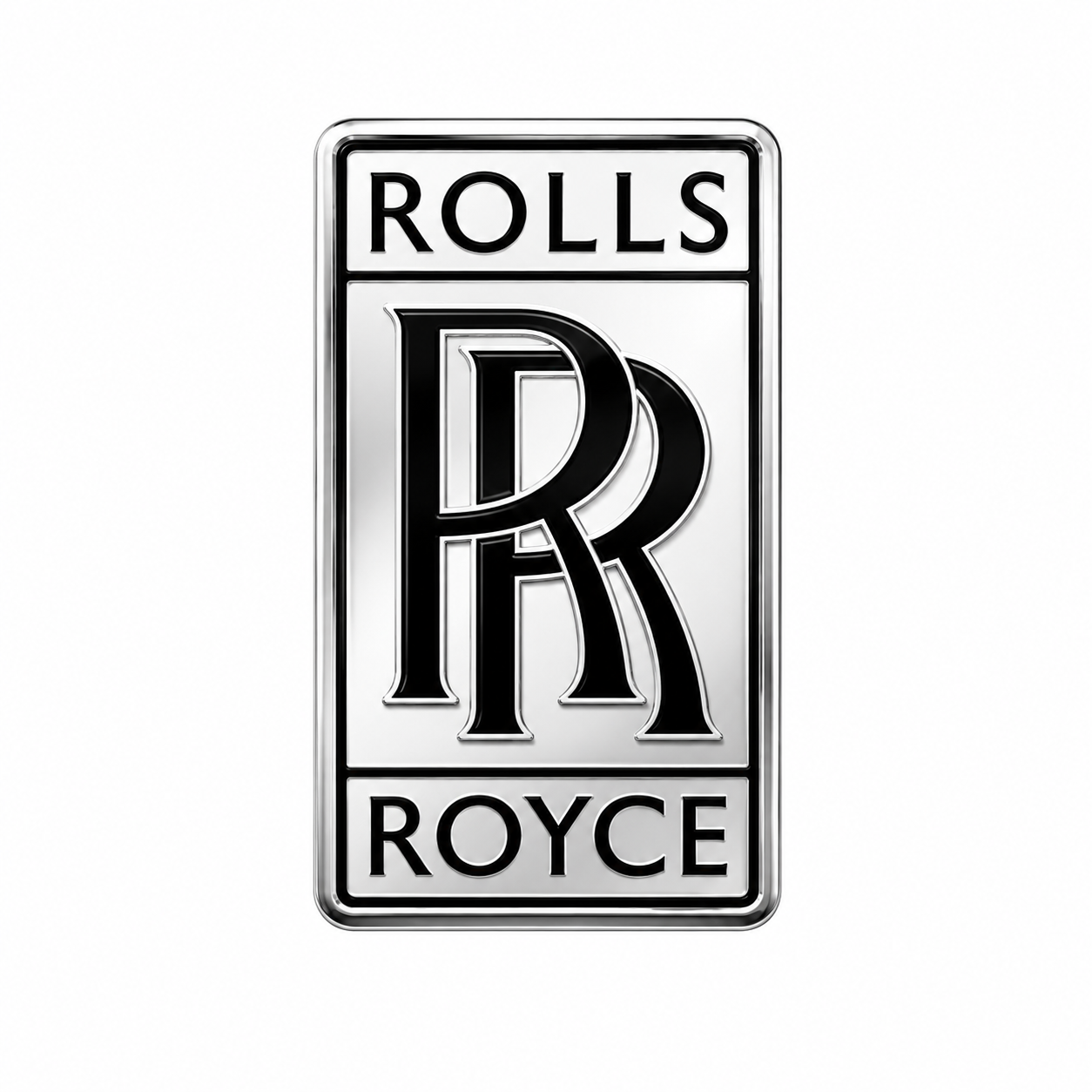 Close-up of a silver and black Rolls-Royce emblem with the words "ROLLS" at the top, a large stylized "RR" in the middle, and "ROYC" at the bottom.