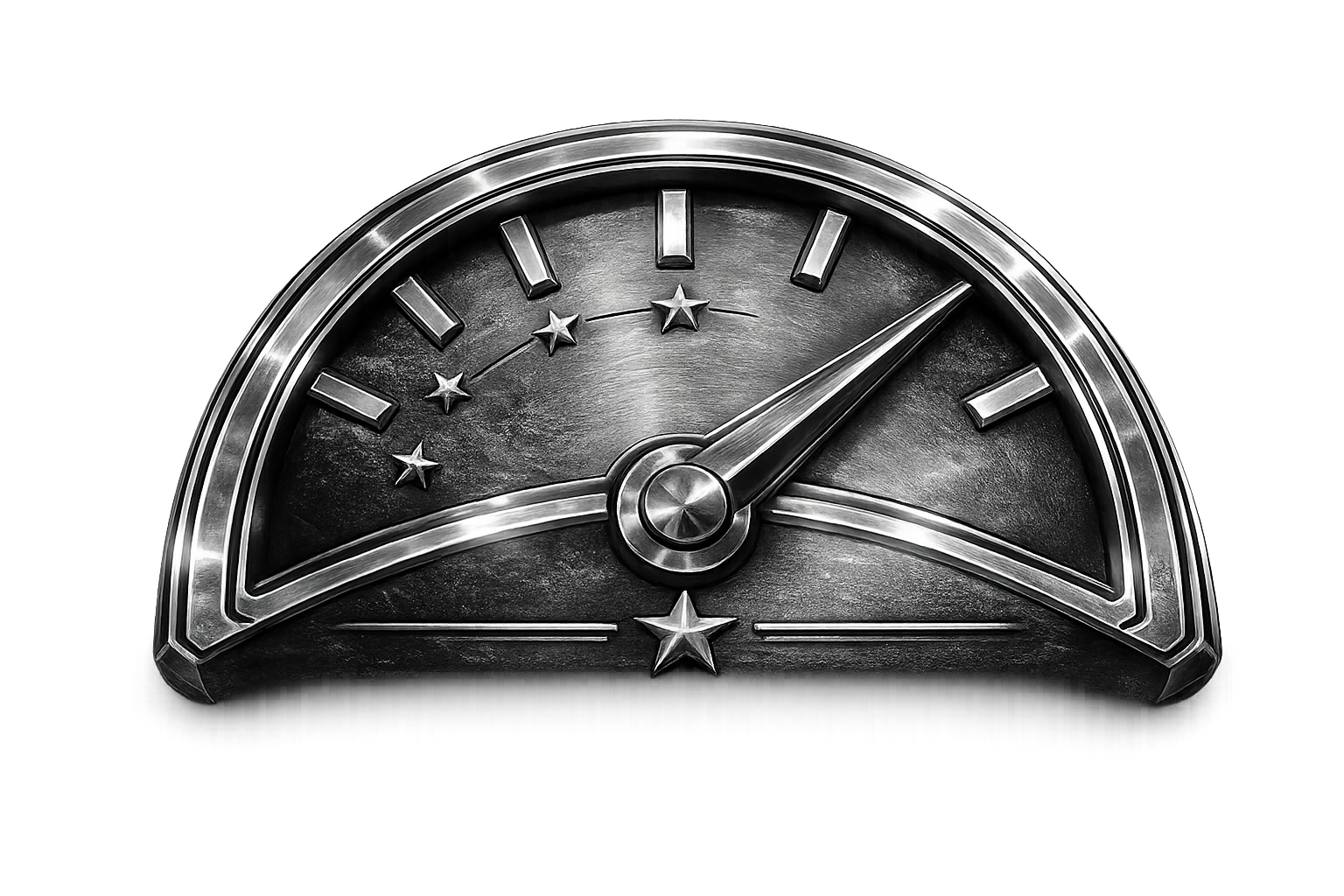 Close-up of a metallic gauge with a dark face and silver frame, showing a needle pointing toward the right, with star-shaped icons around the gauge