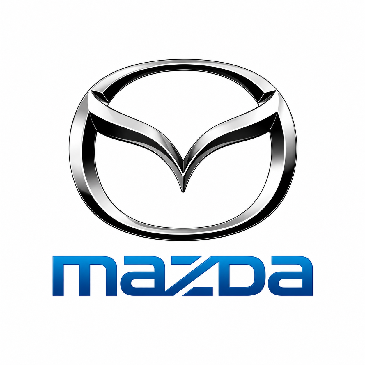 A metallic Mazda logo with a stylized 'M' inside a circle, and the word 'mazda' written in blue lowercase letters below it.