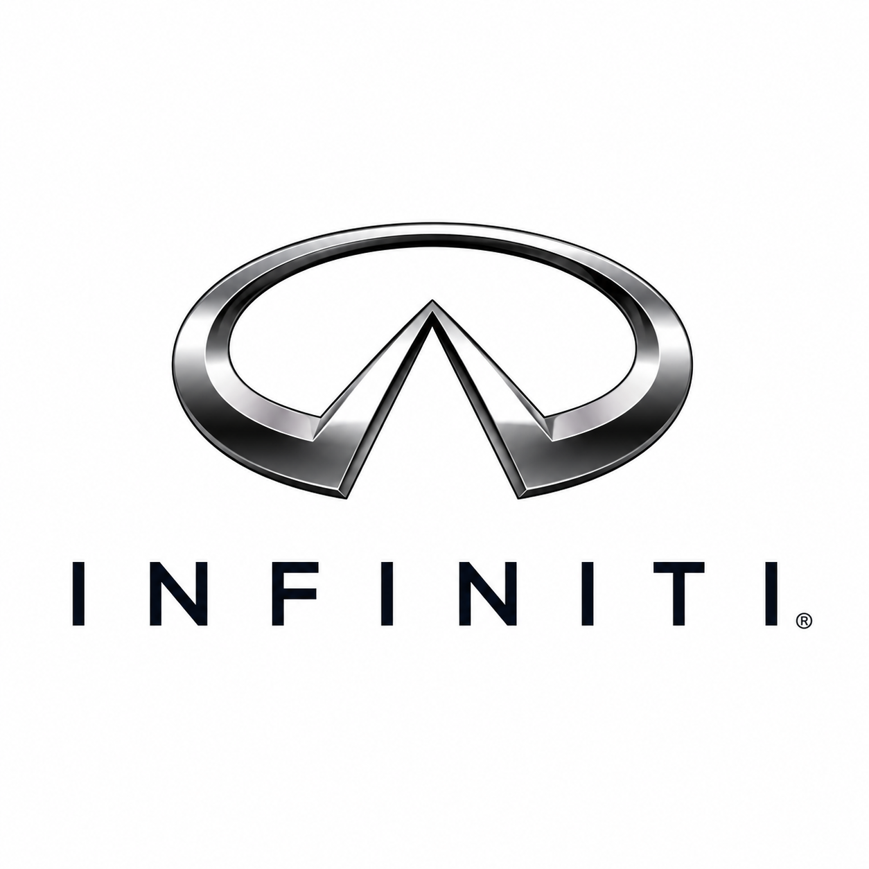 Silver Infiniti logo with the brand name below on a white background.