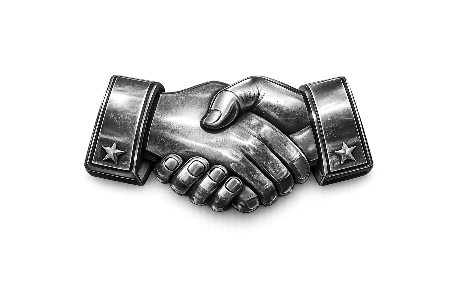 Black and white illustration of two hands shaking, both wearing military-style cuffs with stars.