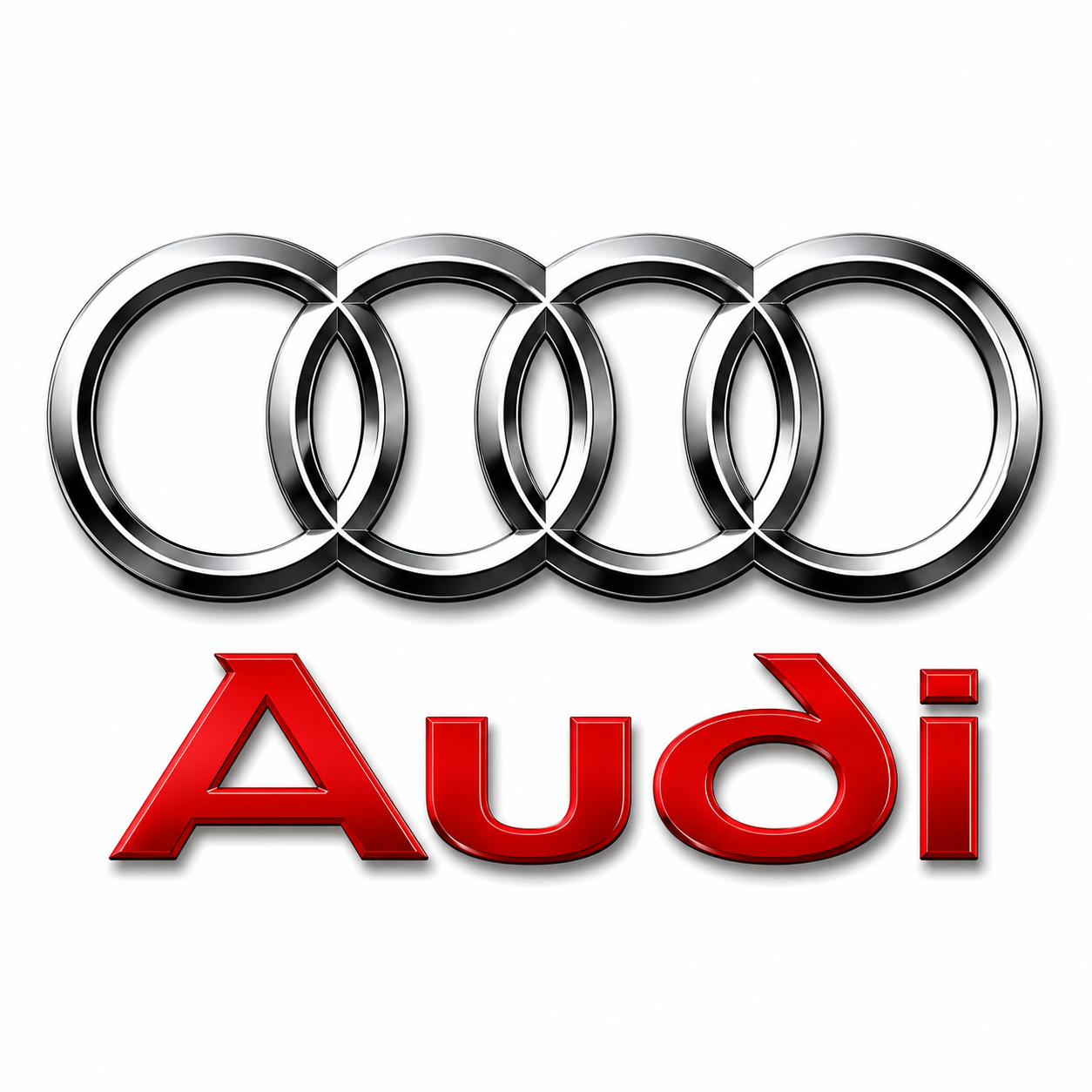 Audi logo with four interlinked silver circles above the red text 'Audi' on a white background.