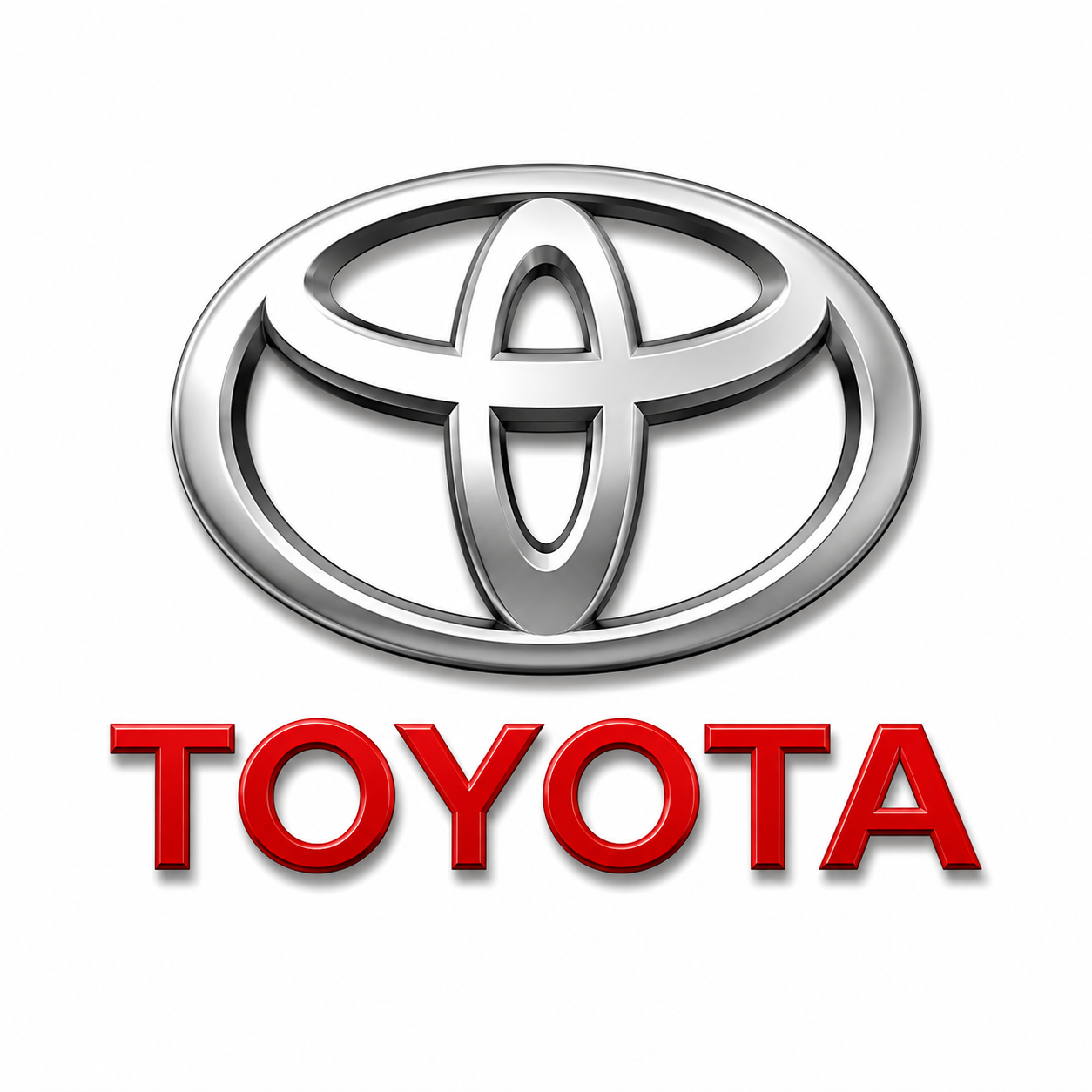 A metallic Toyota logo with the word 'Toyota' in red below it.