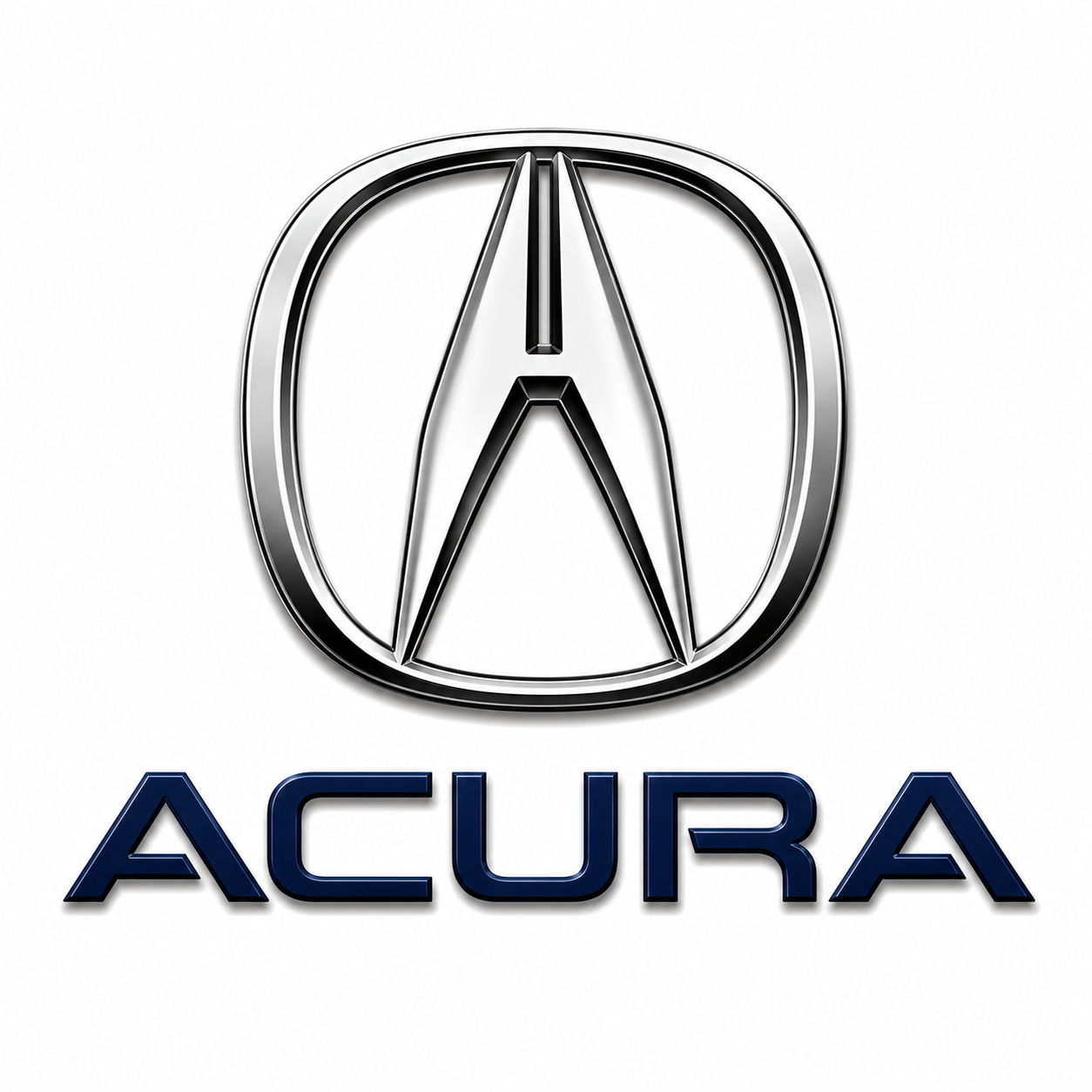 Acura logo with a silver emblem featuring a stylized letter 'A' inside a circle, and the word 'ACURA' in dark blue below.