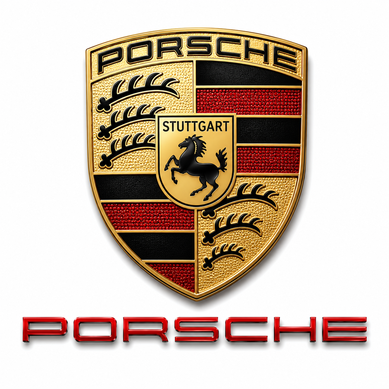Porsche crest with a gold shield featuring a black horse in the center, red and black stripes, and the word Porsche at the top. Below, the word Porsche appears in red 3D text.
