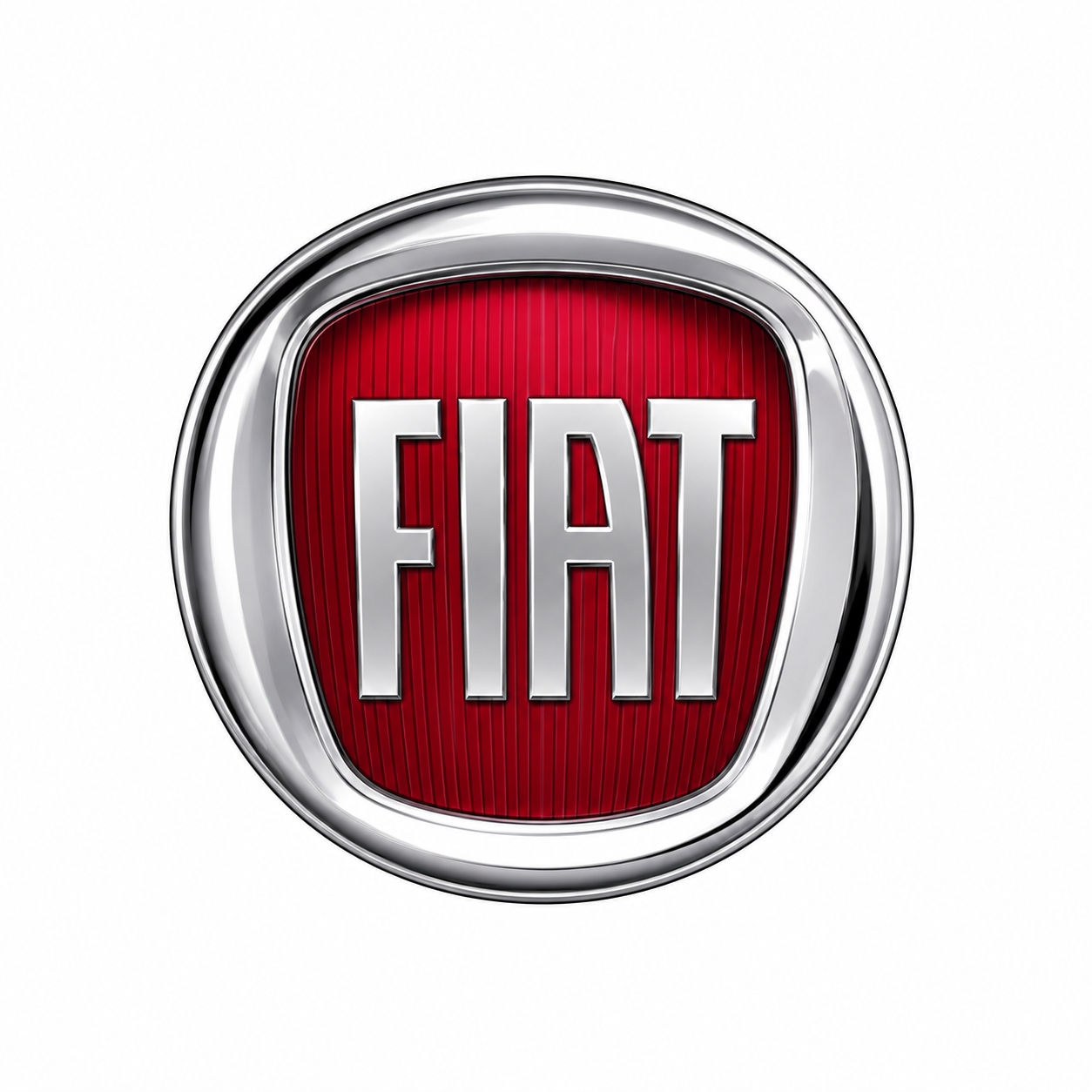 Close-up of a Fiat logo with a red background surrounded by a silver metallic border.