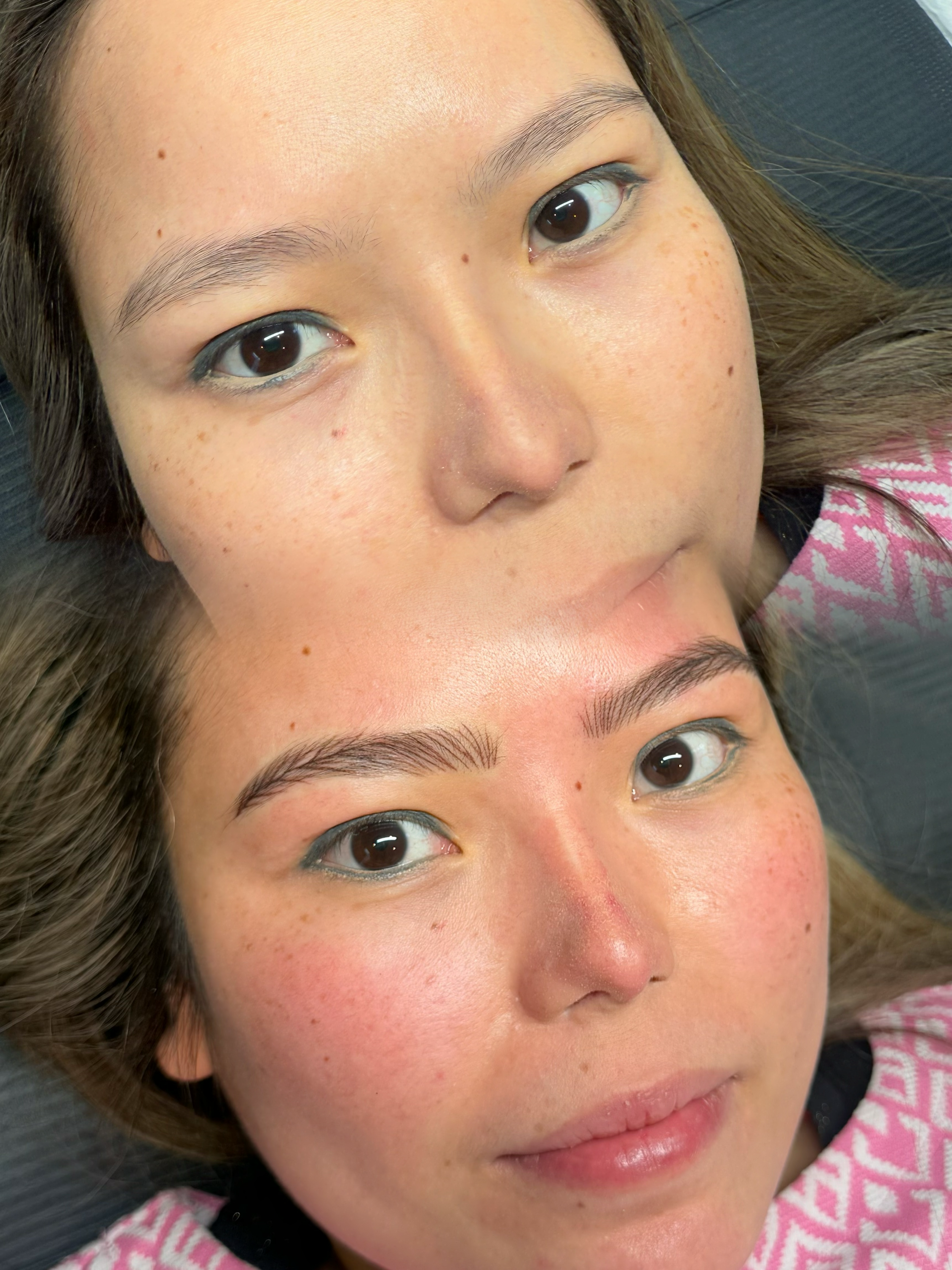 Natural nano brows for Asian clients in Christchurch creating fuller brows with fine machine hair strokes and soft definition.