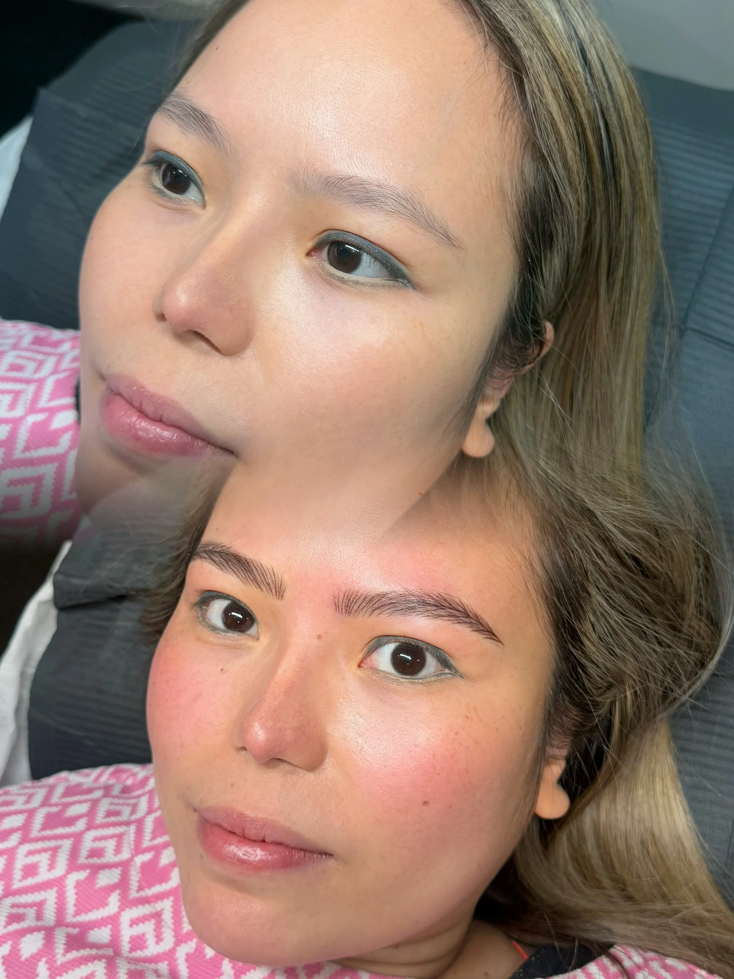 Hyper realistic nano brow tattoo in Christchurch designed for Asian skin tones with soft natural hair strokes and healed results.