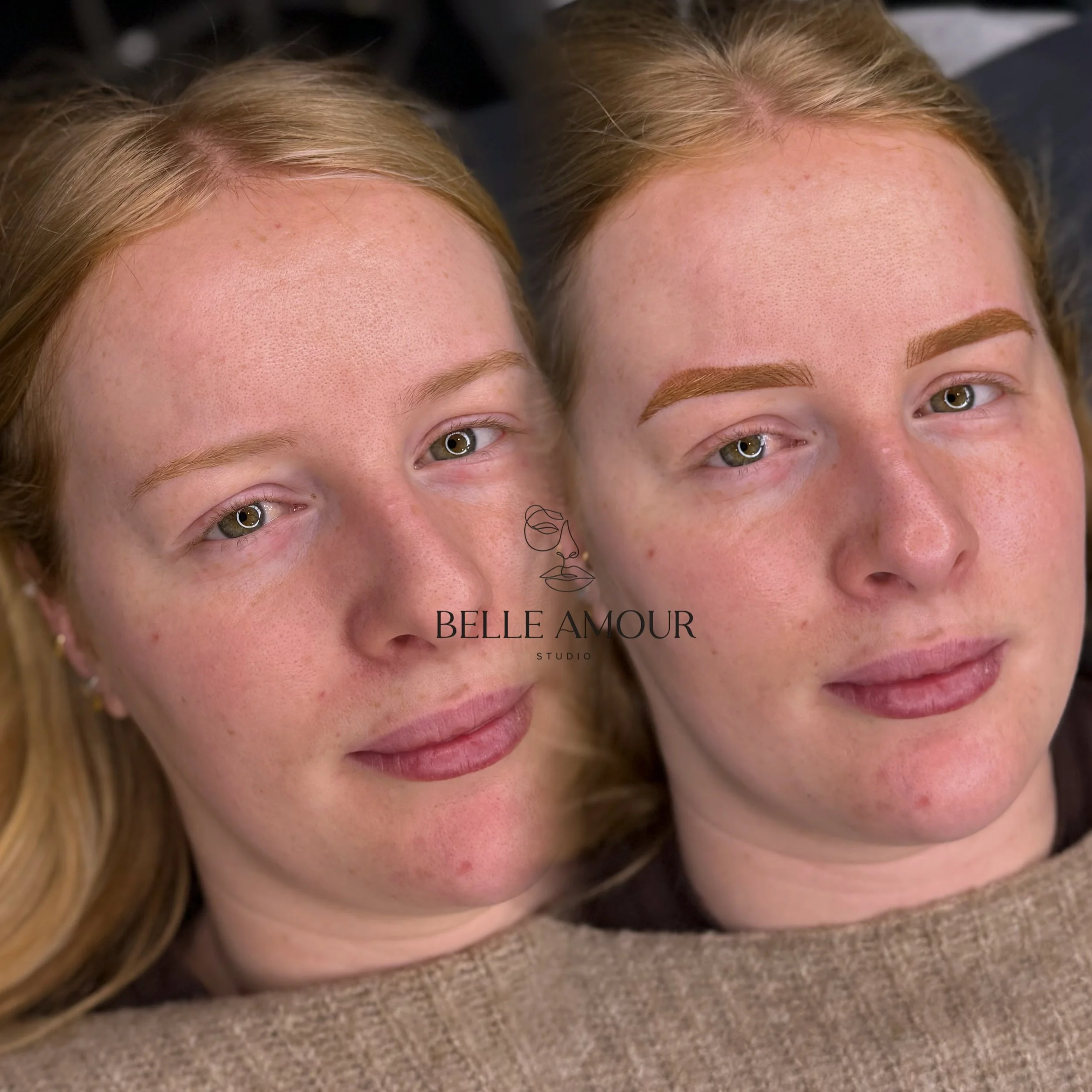Natural cosmetic eyebrow tattoo in Christchurch at Belle Amour Studio, creating soft, defined brows tailored to each client’s features.