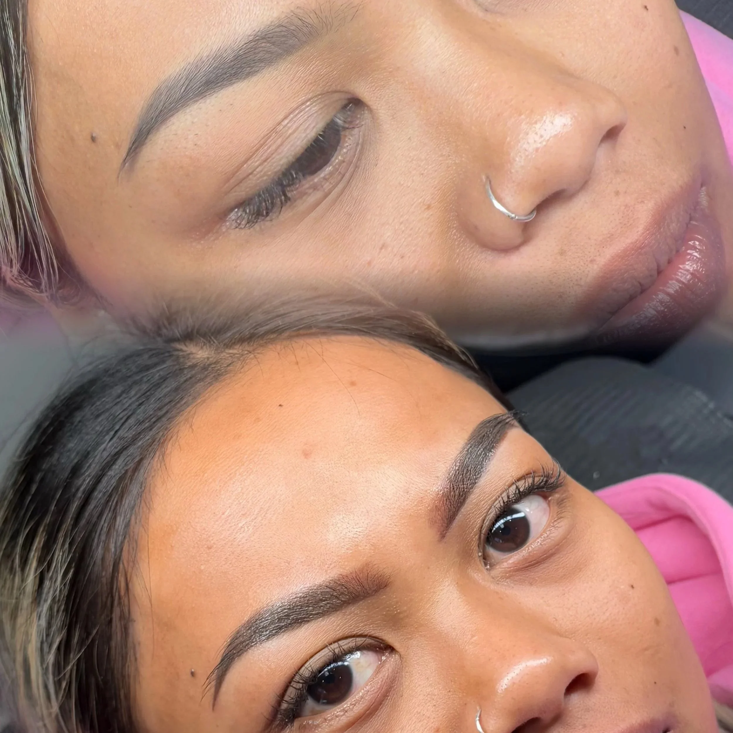 Before and after brow tattoo results in Christchurch showing full transformation at Belle Amour Studio