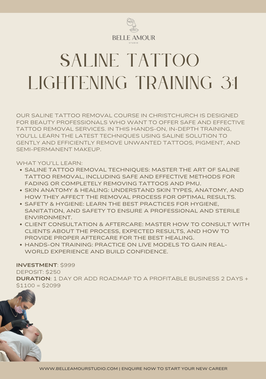 Hands-on saline tattoo removal training at Belle Amour Studio in Christchurch, New Zealand