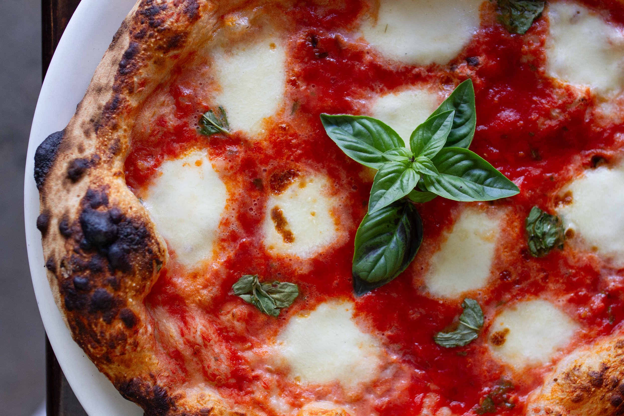 Close-up of a Margherita pizza with cheese, basil leaves, and tomato sauce on a white plate.