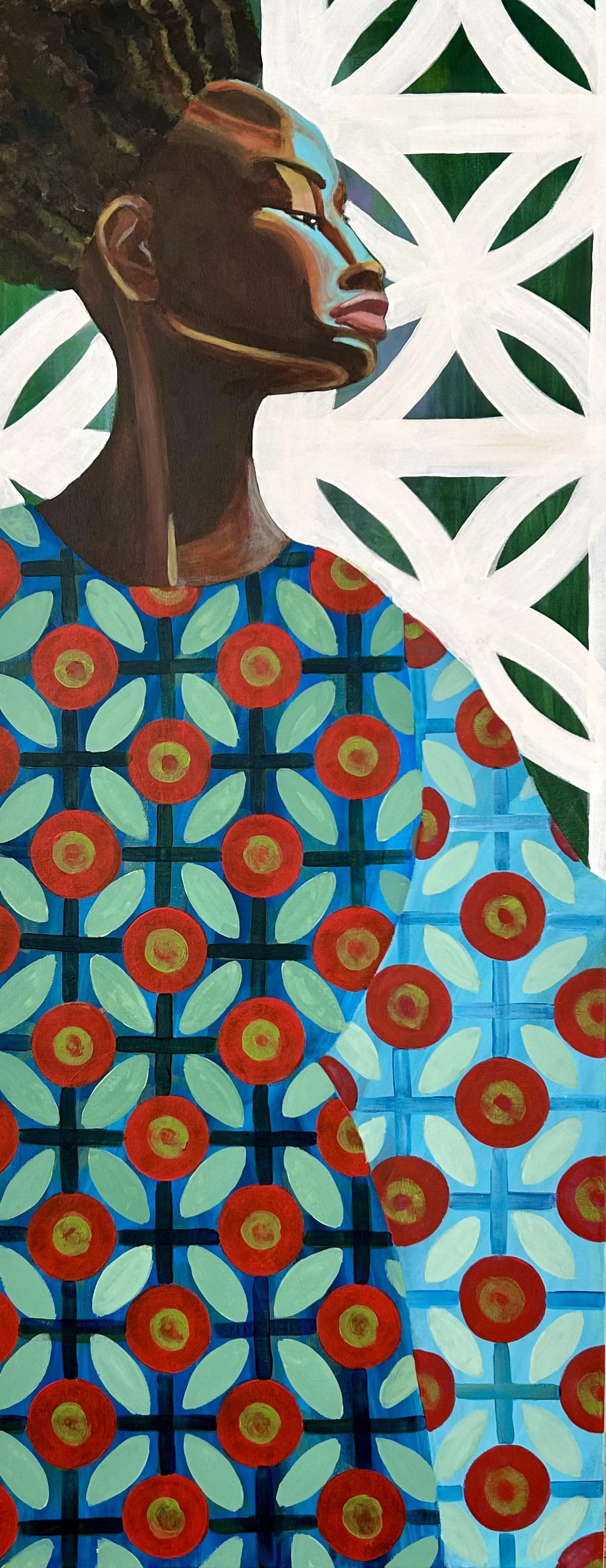 A portrait of a woman with dark skin and braided hair, wearing a patterned top with red flowers and green leaves, against a background with white and green geometric designs.