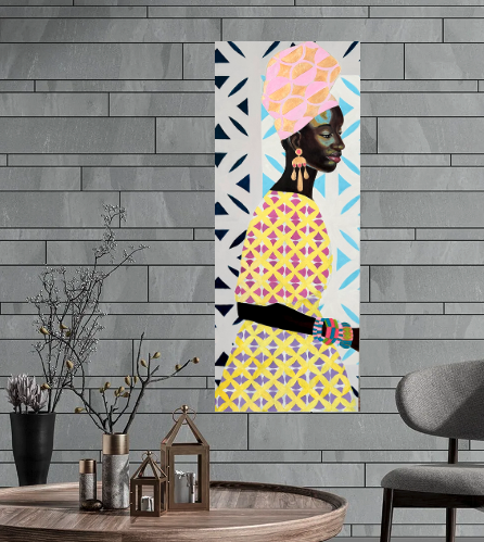 Colorful modern painting of a black woman with an elaborate headwrap, earrings, and patterned dress, hanging on a gray brick wall.