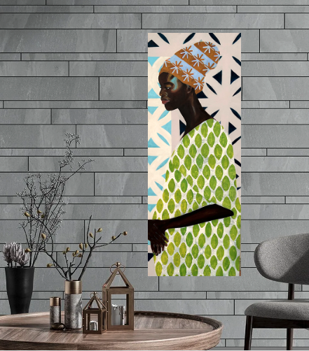 A colorful portrait of a woman with dark skin wearing a patterned headwrap and green dress, hanging on a gray wood-paneled wall in a modern living room.