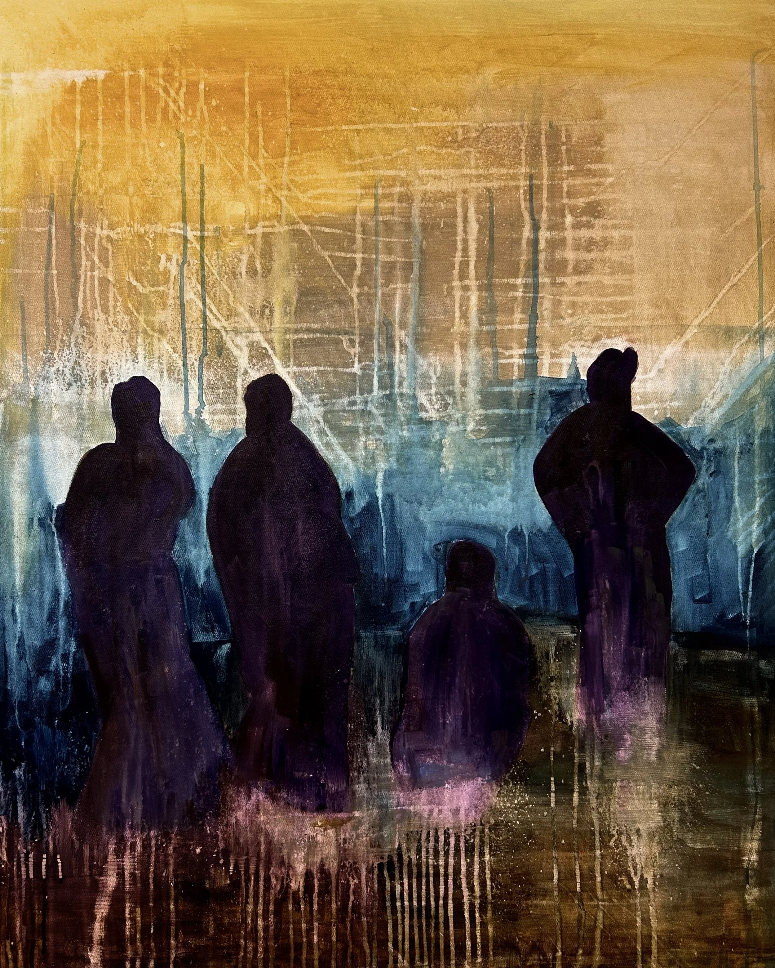 Dark-robed women standing on a shore, looking toward the sea where ship masts are visible on the horizon, symbolizing hope for the return of loved ones.