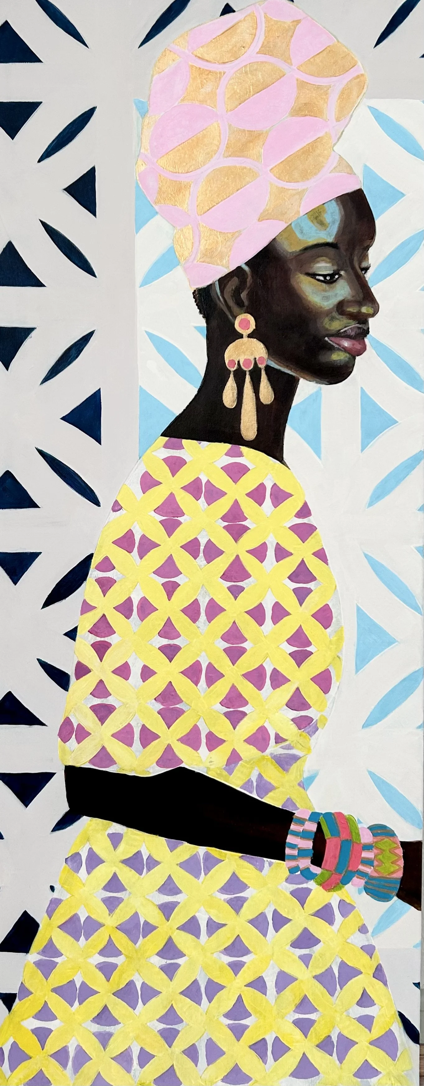 A portrait of a woman with dark skin, wearing colorful headwear and jewelry, depicted in a stylized artistic manner with vibrant patterns and geometric background elements.