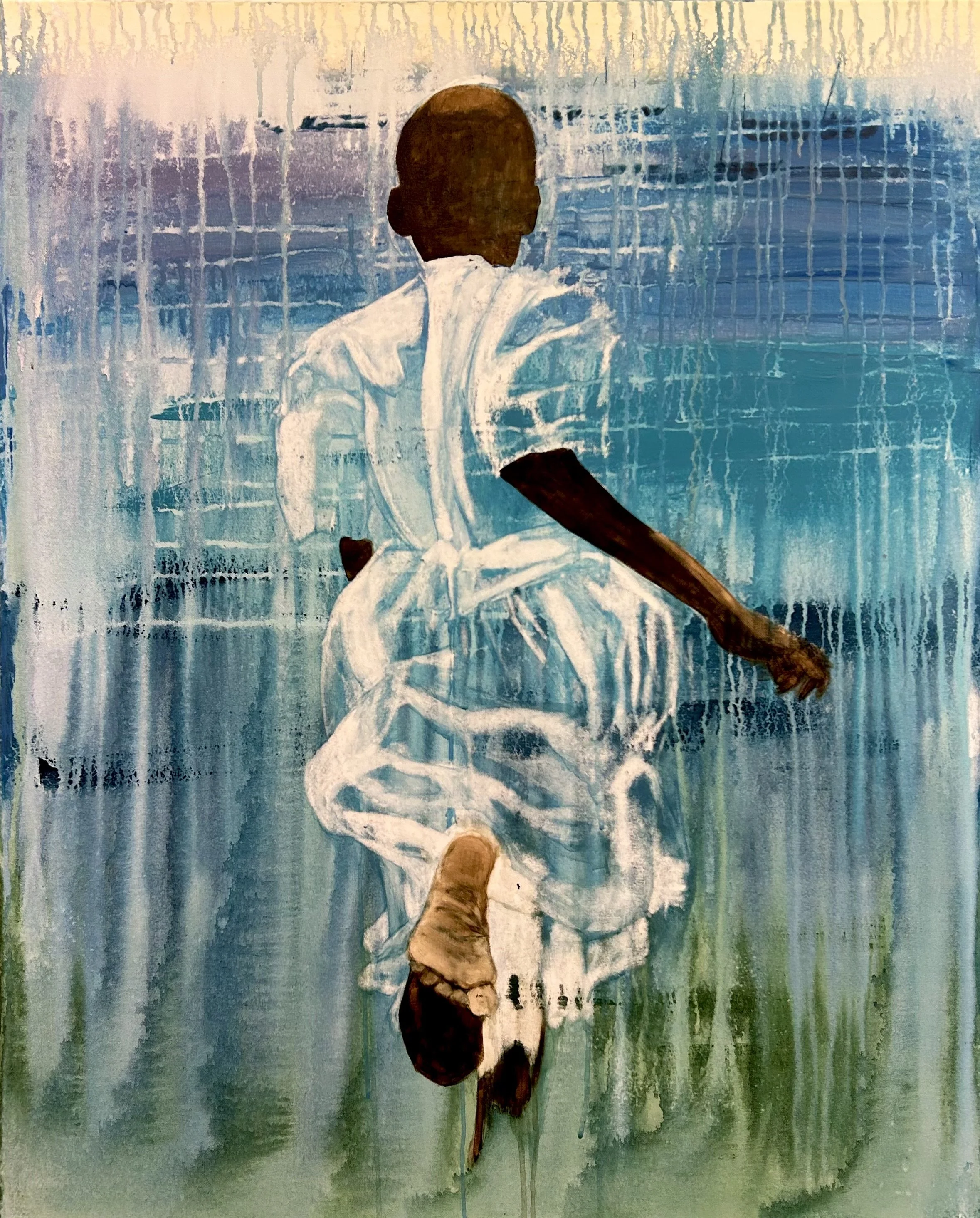 Child running toward the sea, with boats visible on the horizon