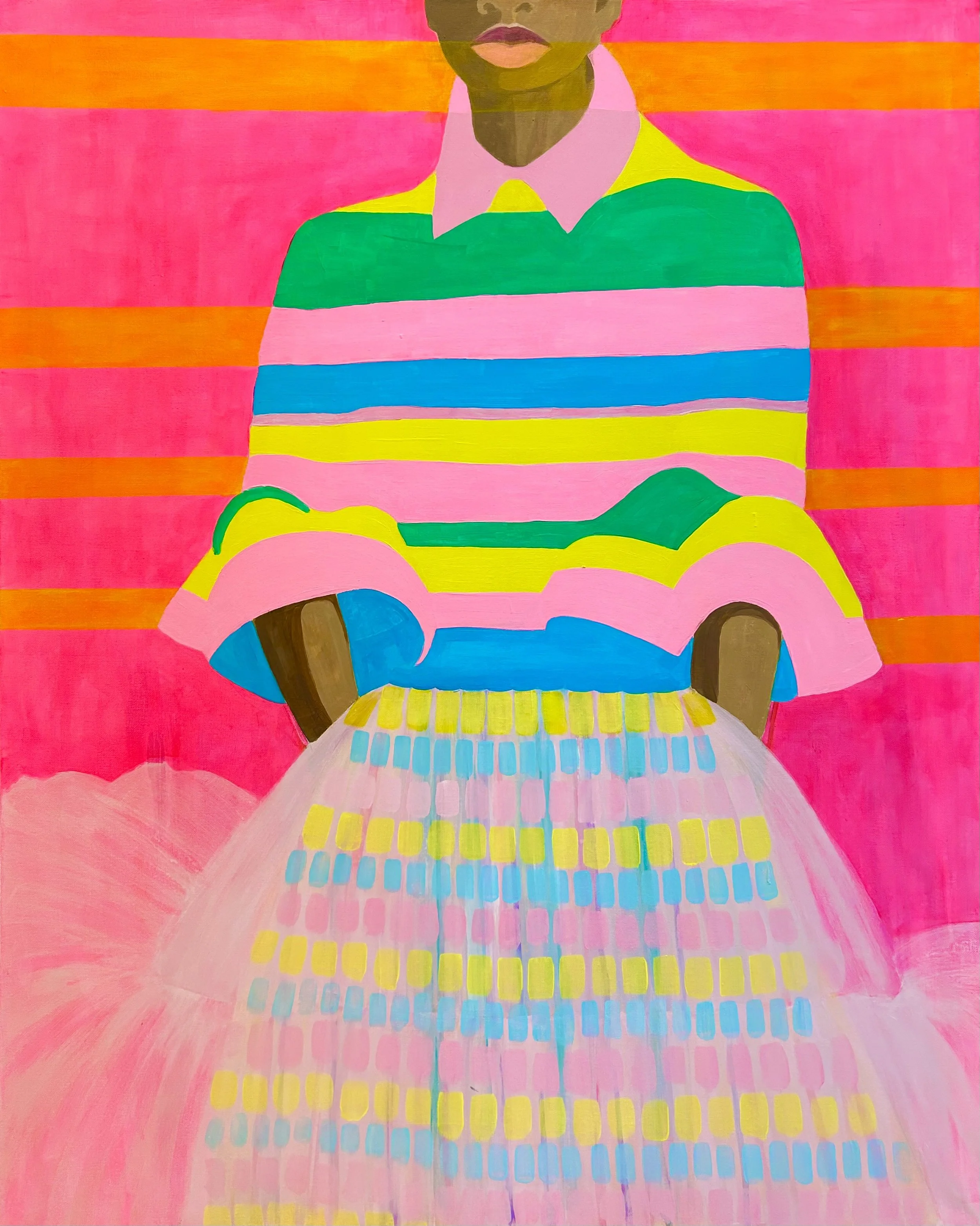 Dark-skinned woman in a brightly colored striped blouse and tulle skirt.