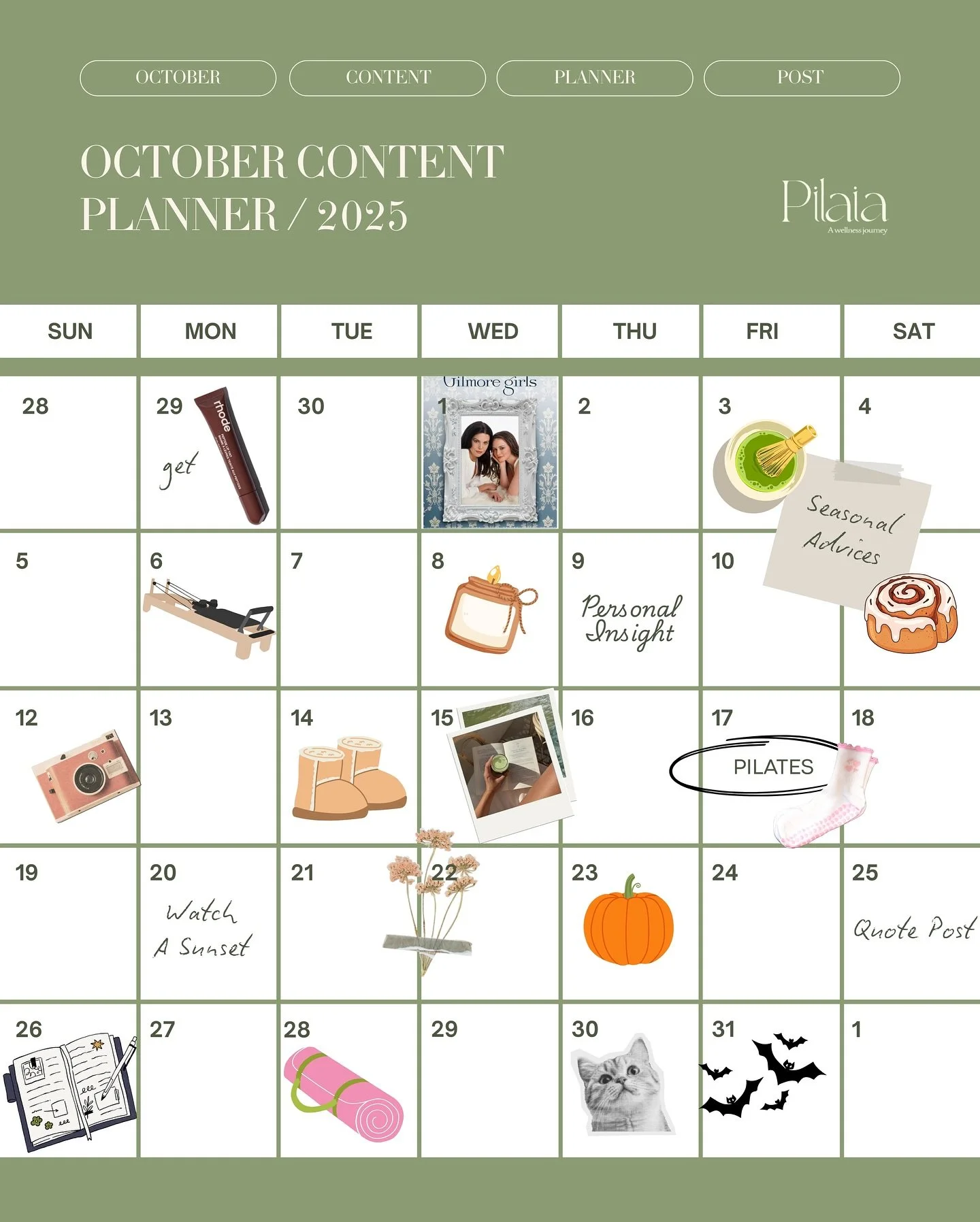 Hello October! Weather is getting cozier and we can&rsquo;t wait to slide our long Pilates socks on! Zoom in and plan your month with us🍁🍂🍵