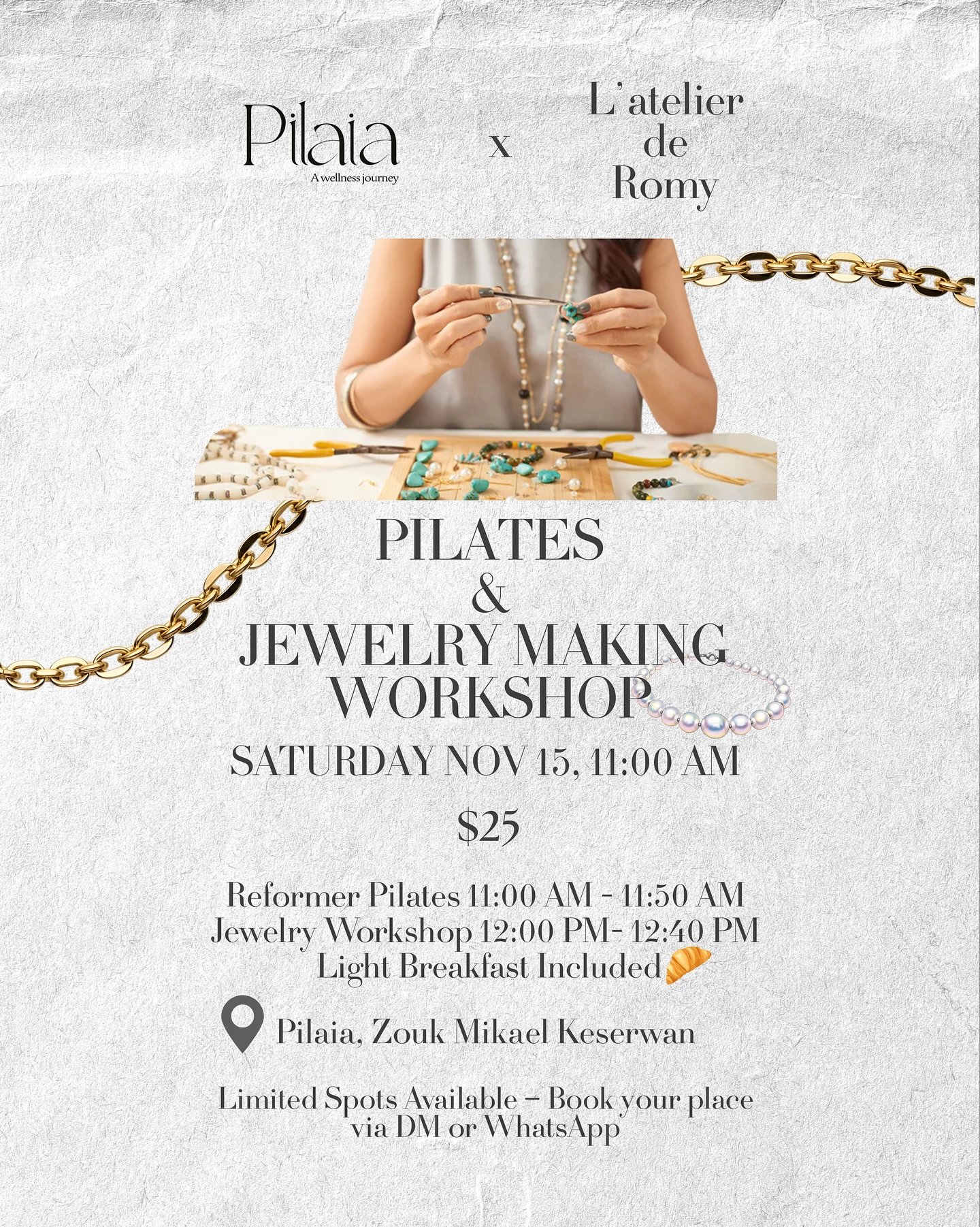 Move. Create. Shine. ✨
Join us for a special Pilates x Jewelry Workshop in collaboration with L&rsquo;Atelier de Romy 💍

🧘&zwj;♀️ 50 min Reformer Pilates
💎 Jewelry-making workshop (take your creation home)
🥐 Light breakfast included

📍 Pilaia St