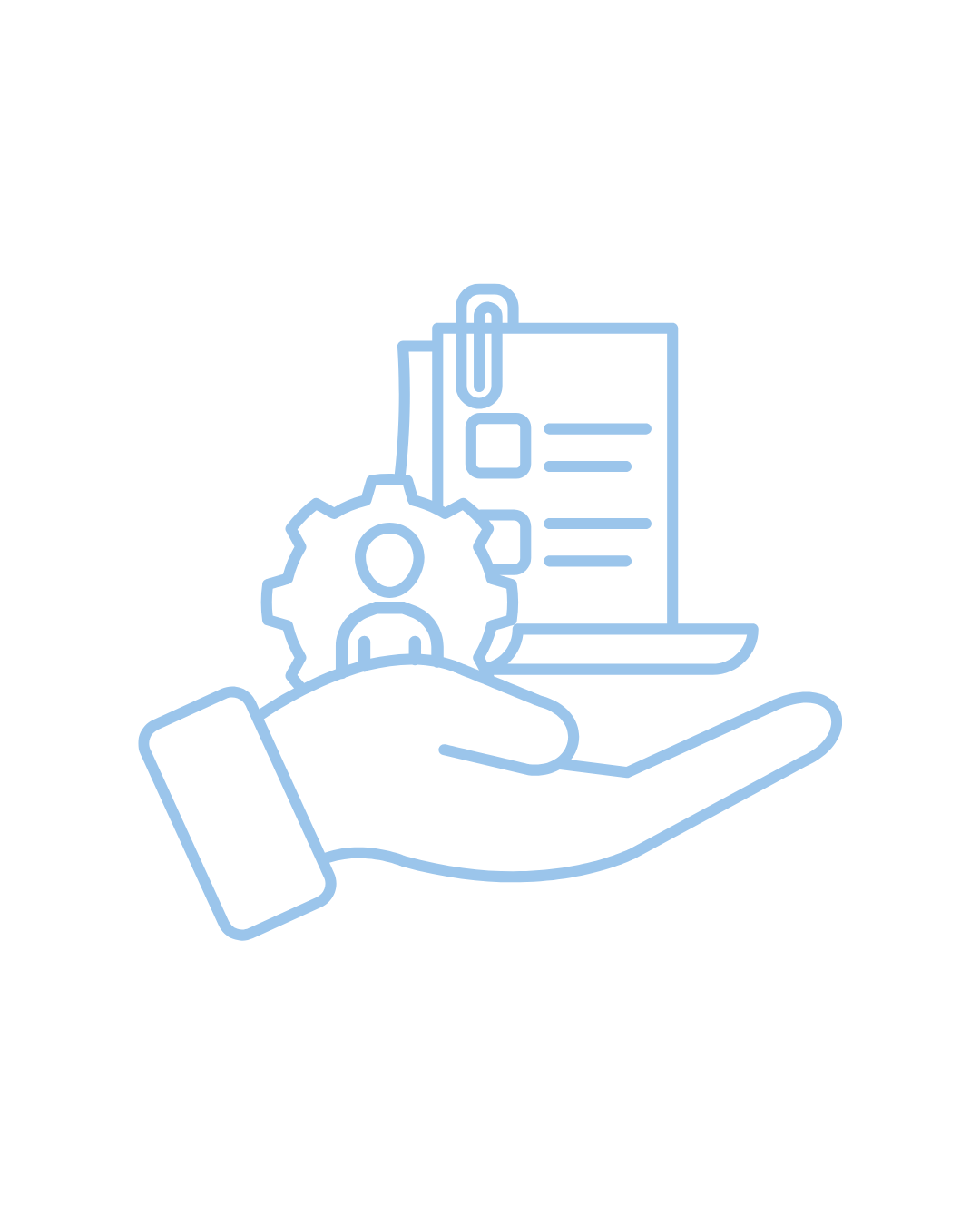 A blue hand holding an icon of a person and a set of documents to represent how Calm Tides Wellbeing supports the individual using research informed, tailored strategies and interventions
