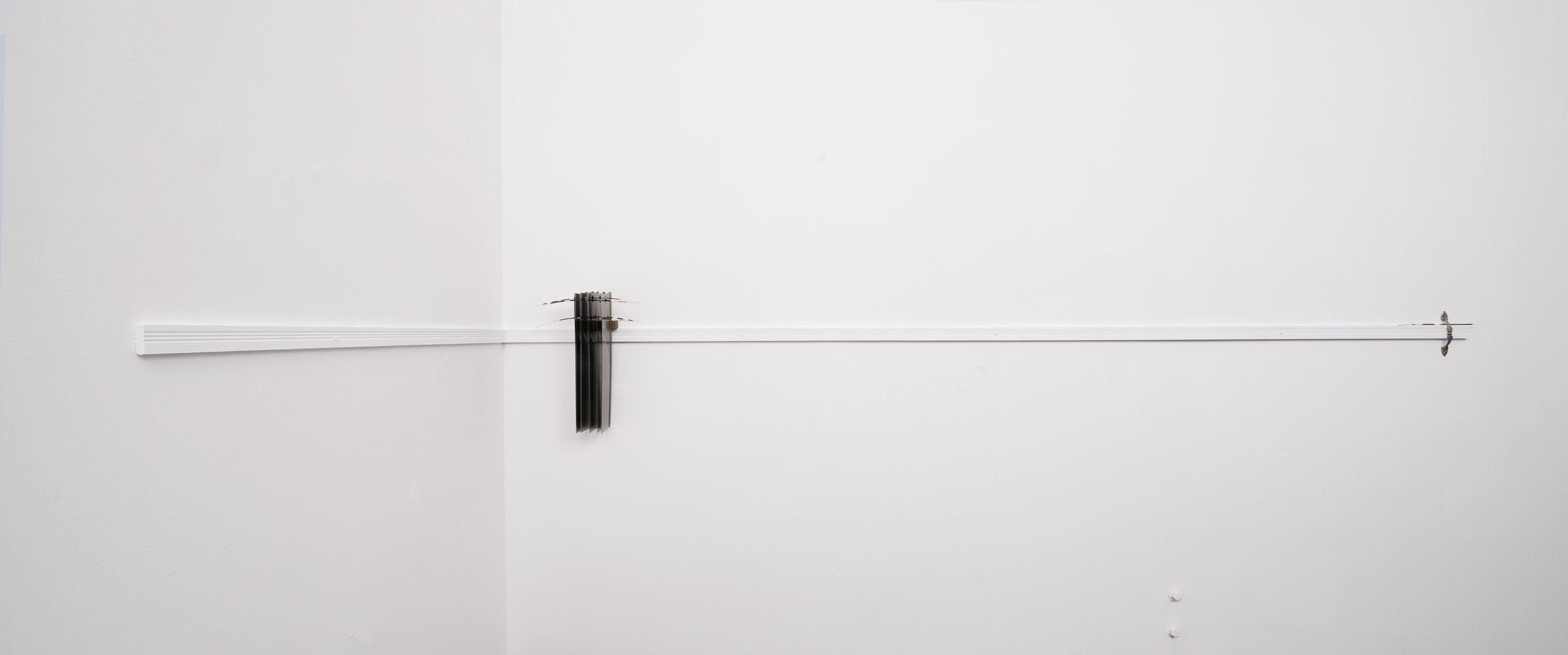 Meter, 2024-2025, 15x43cm,4x24cm, Ceiling Fan Blades, Porcupines Quills, Golden Nanmu Wood and Skirting Board 
