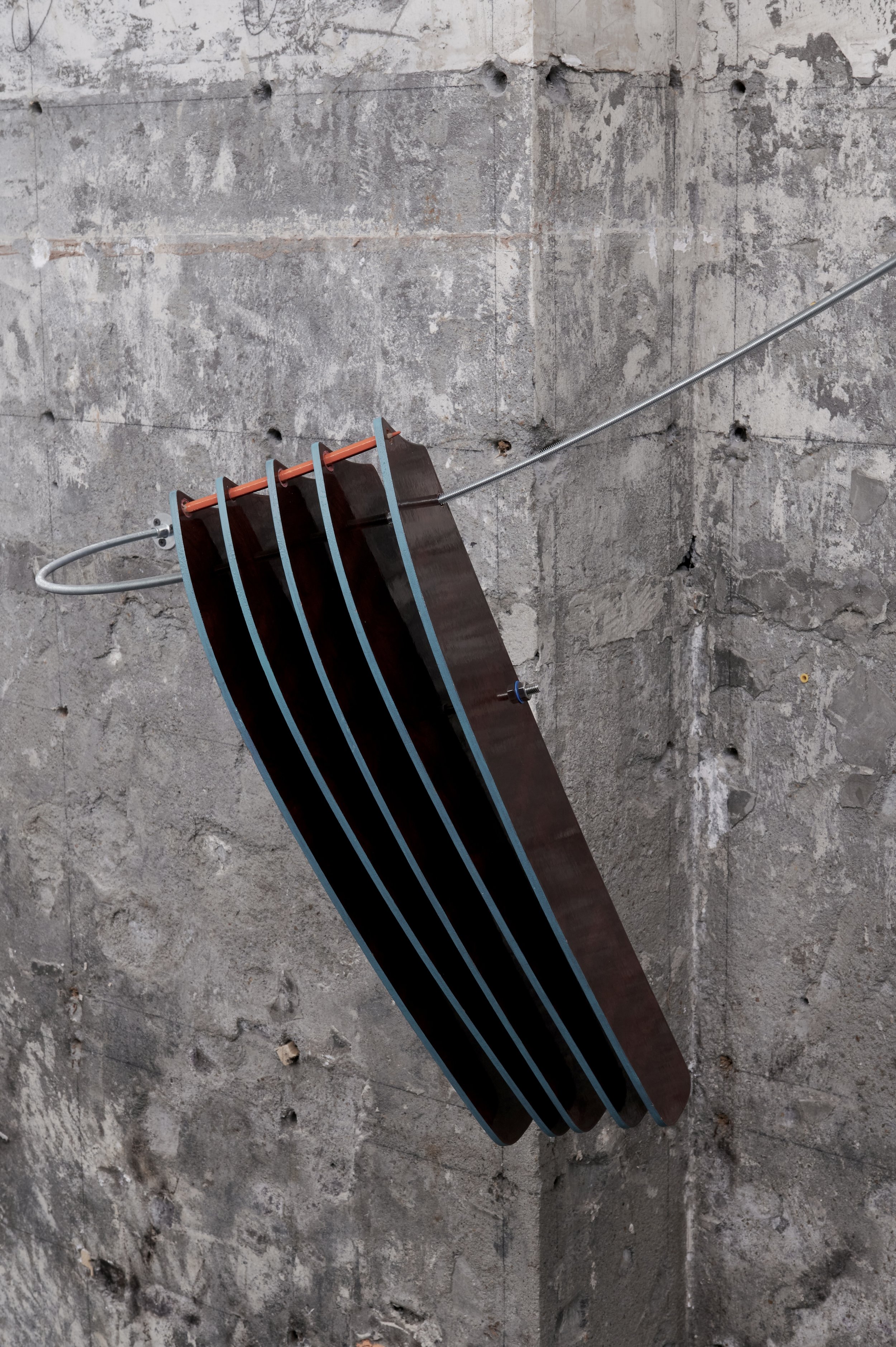 
Notation, 2024-2025, 16x62cm, Ceiling Fan Blades, Threaded Rods, Nuts, Washers and Coloured Pencils 