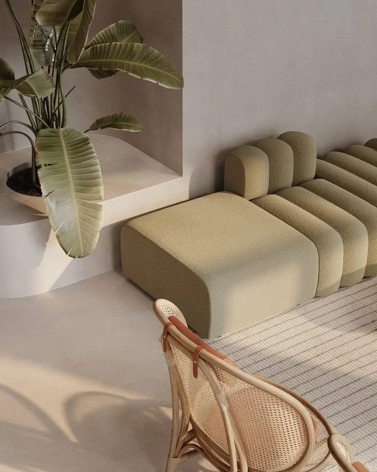A modern interior space featuring a green upholstered bench, a wicker chair, and a large leafy potted plant on a white pedestal against a light-colored wall.