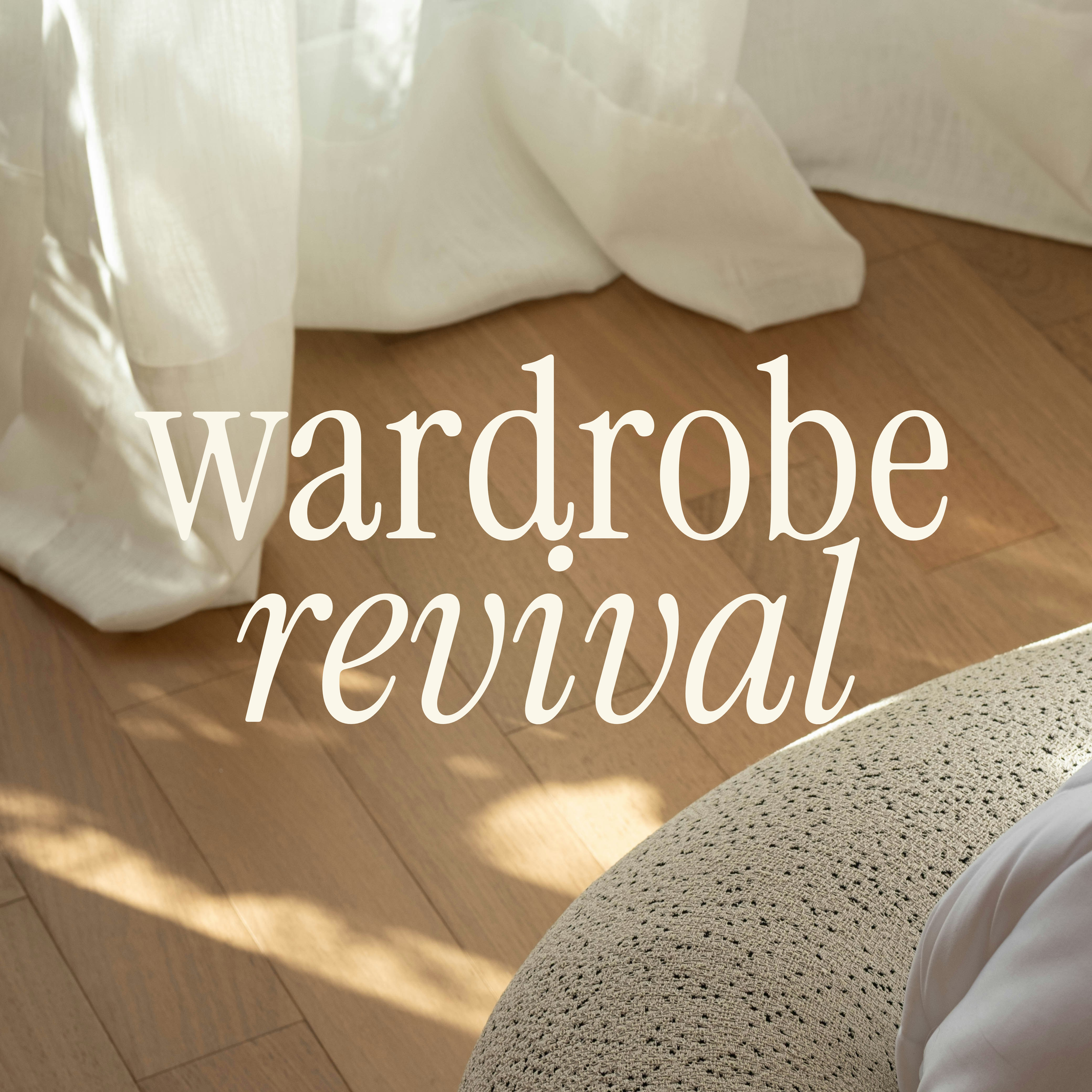 Close-up of a beige textured fabric on a chair and a white fabric draped over a piece of furniture, with wooden flooring visible in the background, virtual personal styling session and wardrobe consultation with Phoebe.