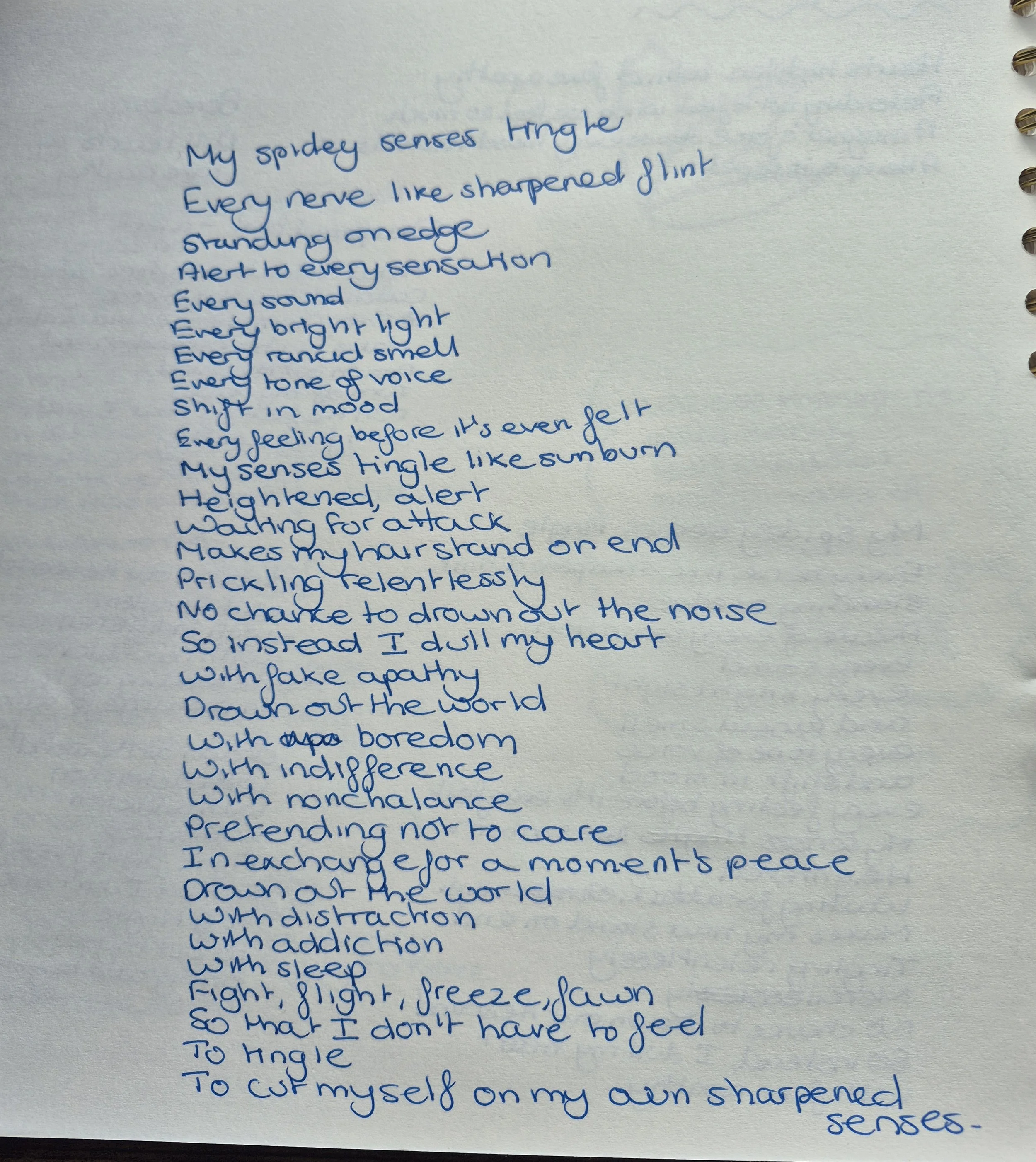Handwritten poem titled Sharpened Senses about sensory overwhelm, masking and emotional exhaustion