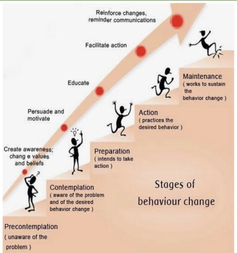 Stages of behaviour change from awareness and education to supported action and maintaining a new habit.