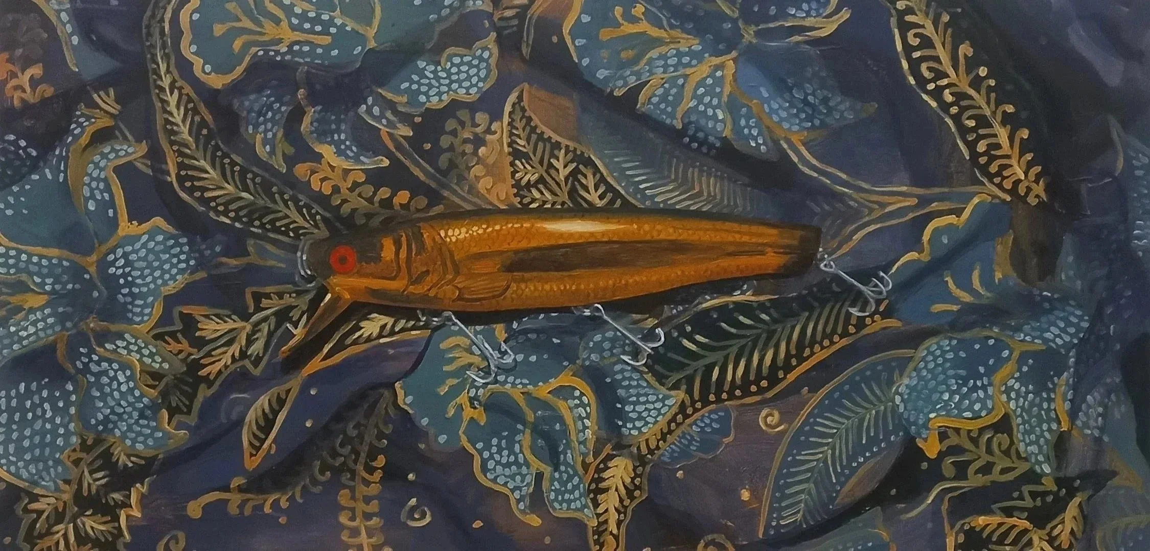 Gold bomber on batik - Acrylic on canvas, 120cm x 60cm