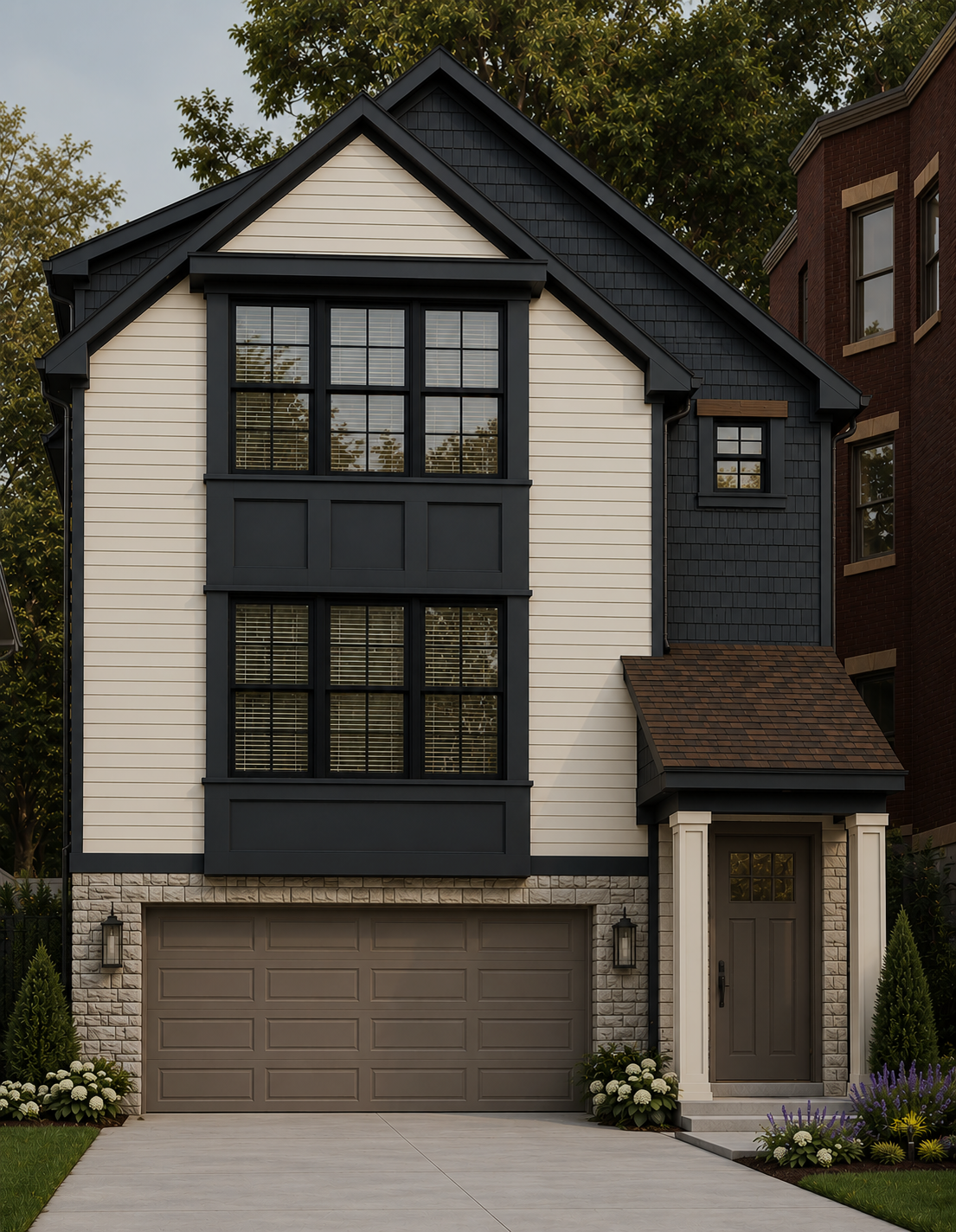 Custom new build exterior in Cincinnati featuring European-inspired architecture, contrasting siding, dark trim and natural stone.