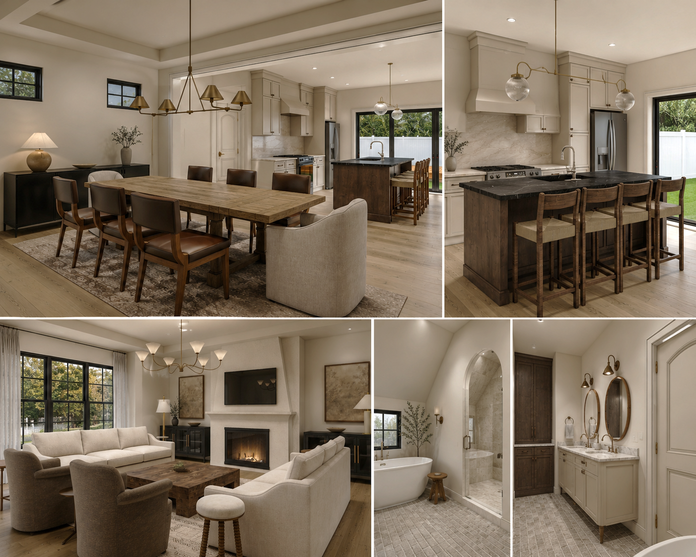 Collage of interior spaces including a dining room with wooden furniture and a kitchen with bar stools, a living room with a fireplace and beige furniture, a bathroom with a bathtub and a shower, and a bathroom vanity with mirrors and lighting.