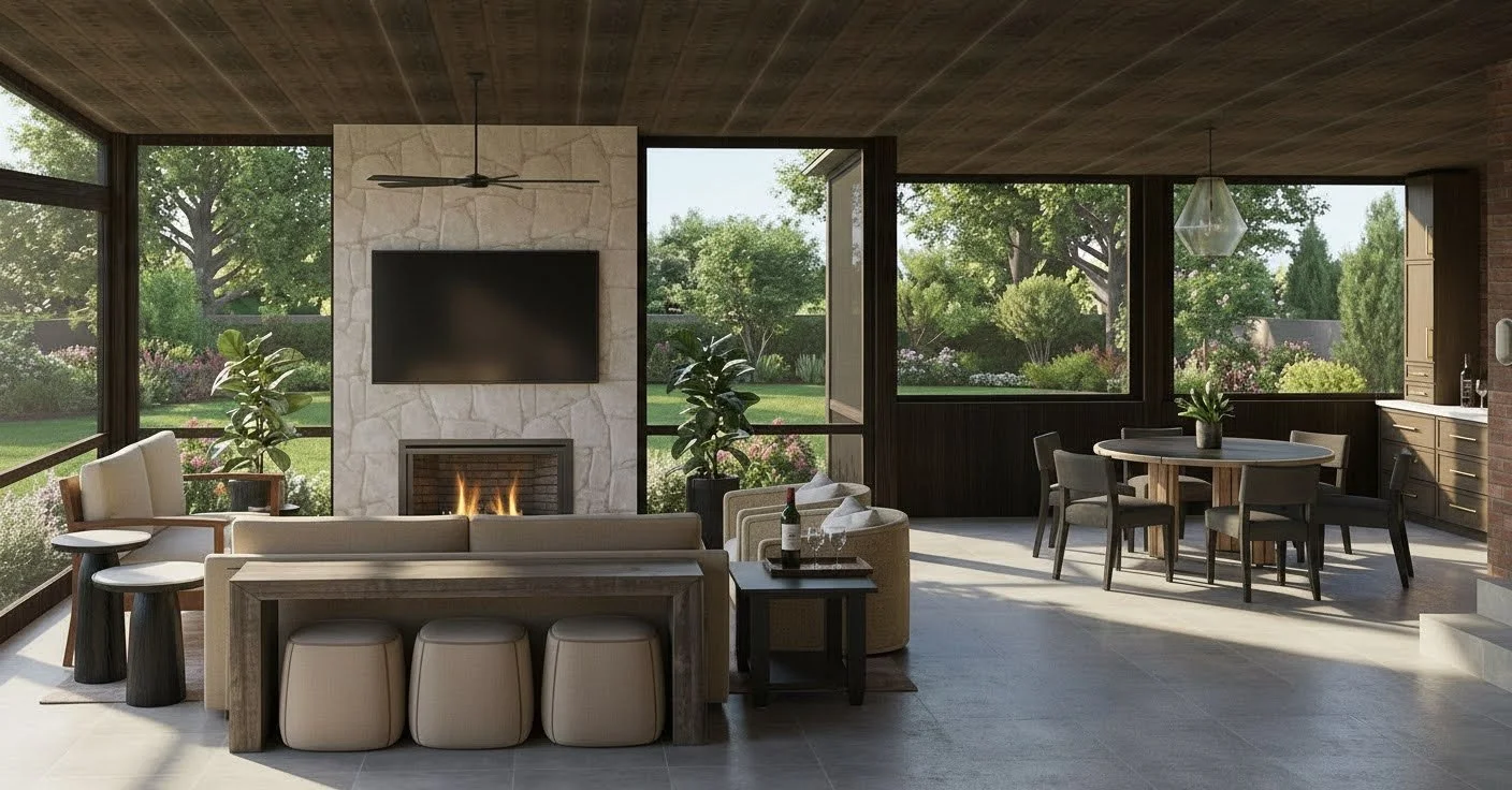 Modern living room with a fireplace, wall-mounted TV, and large windows overlooking a garden with trees and flowers, with a seating area and dining table.