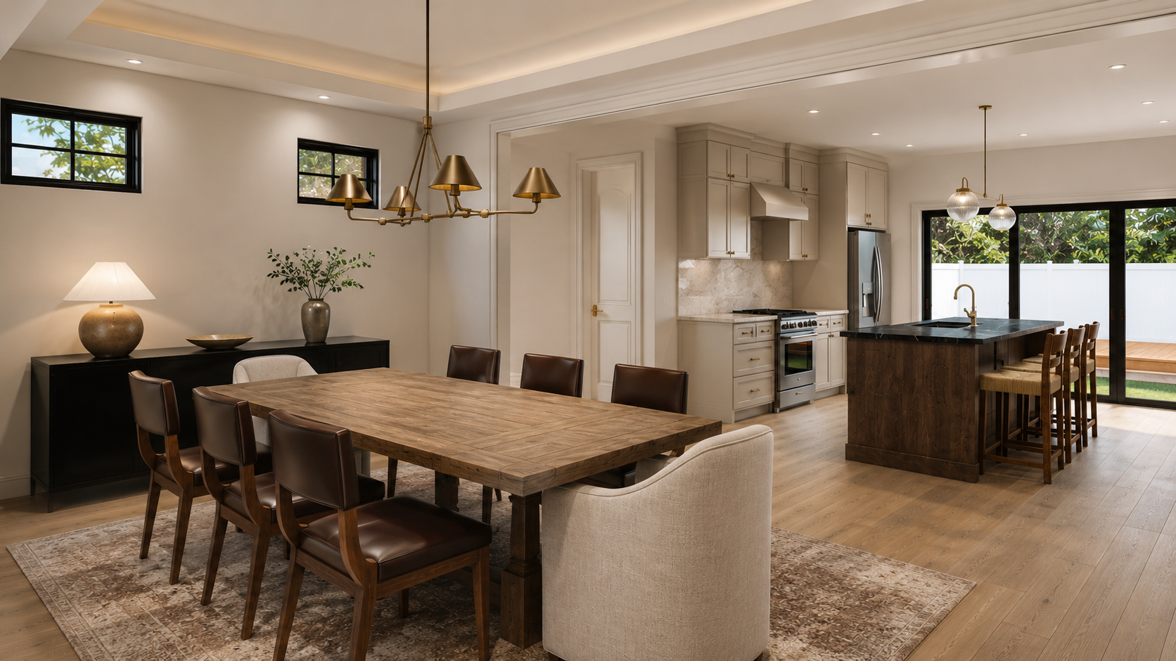 Open-concept kitchen and dining area with wooden table, leather chairs, white cabinets, black countertop, and sliding glass doors leading outside.