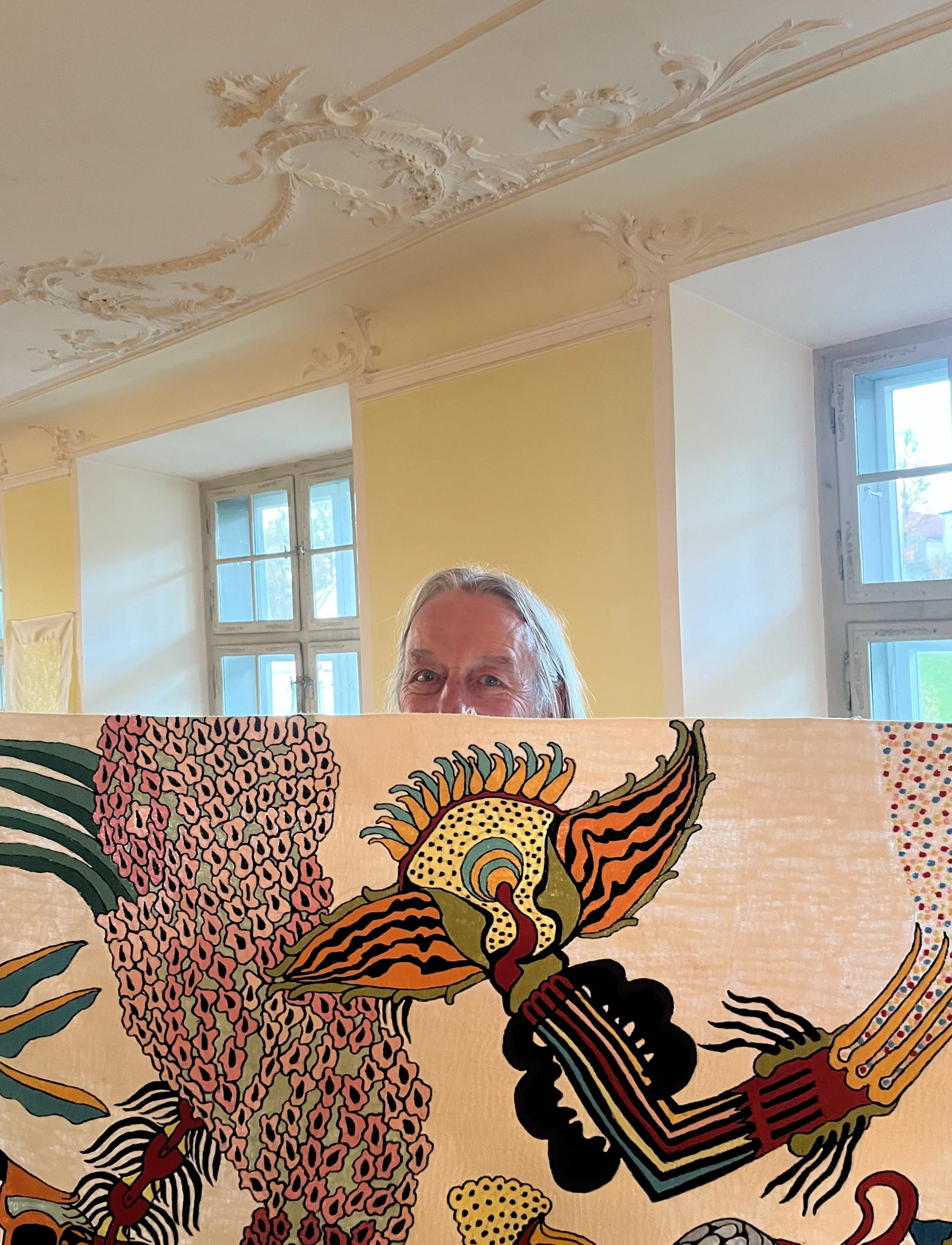 Ficht Tanner showing a detail of one of his embroideries, 2024
Photo © by Camille Noé Marcoux, 2024