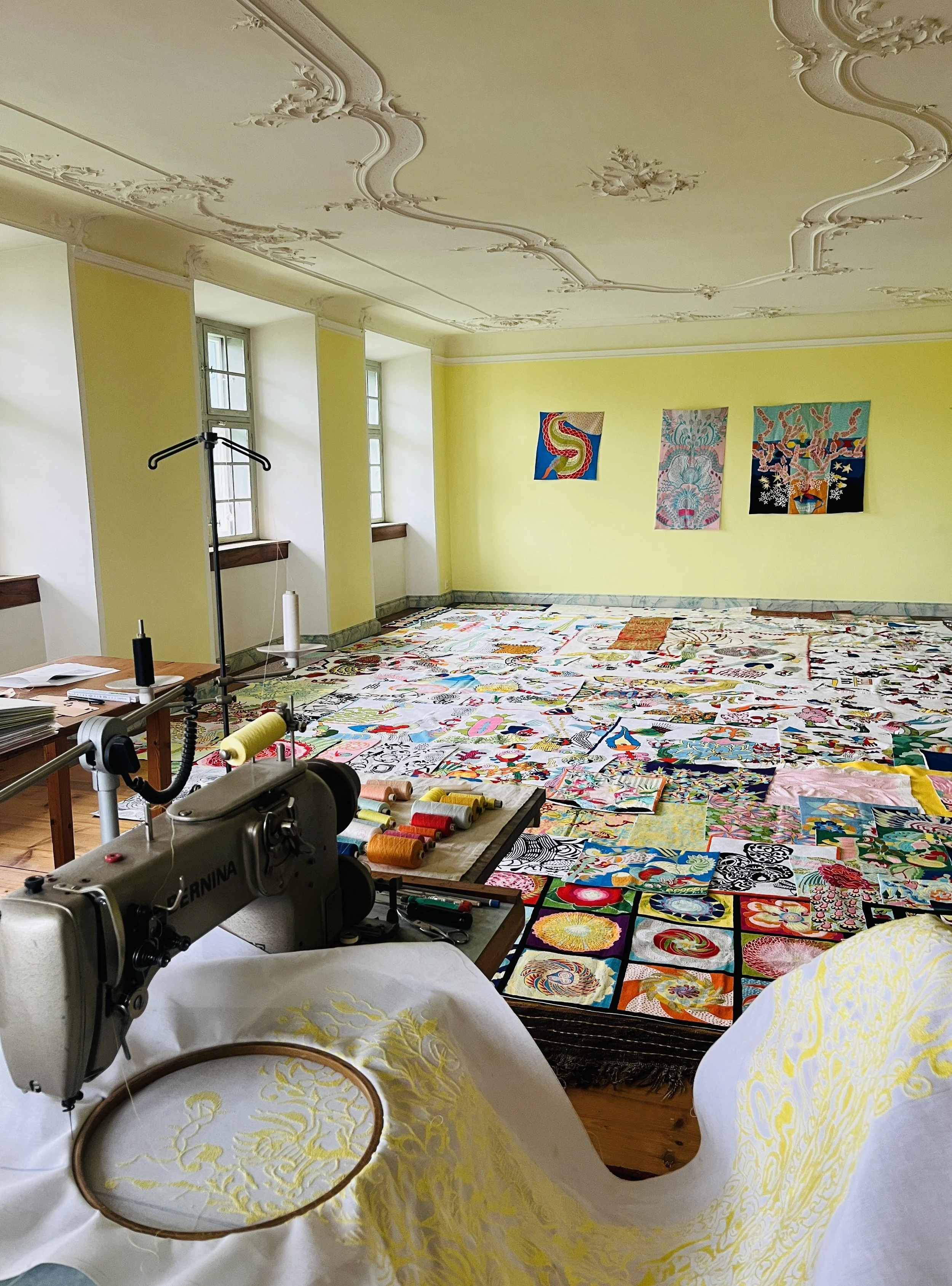 Ficht Tanner’s studio with the cosmic herbarium of his embroideries, photo by Camille Noé Marcoux, May 2024