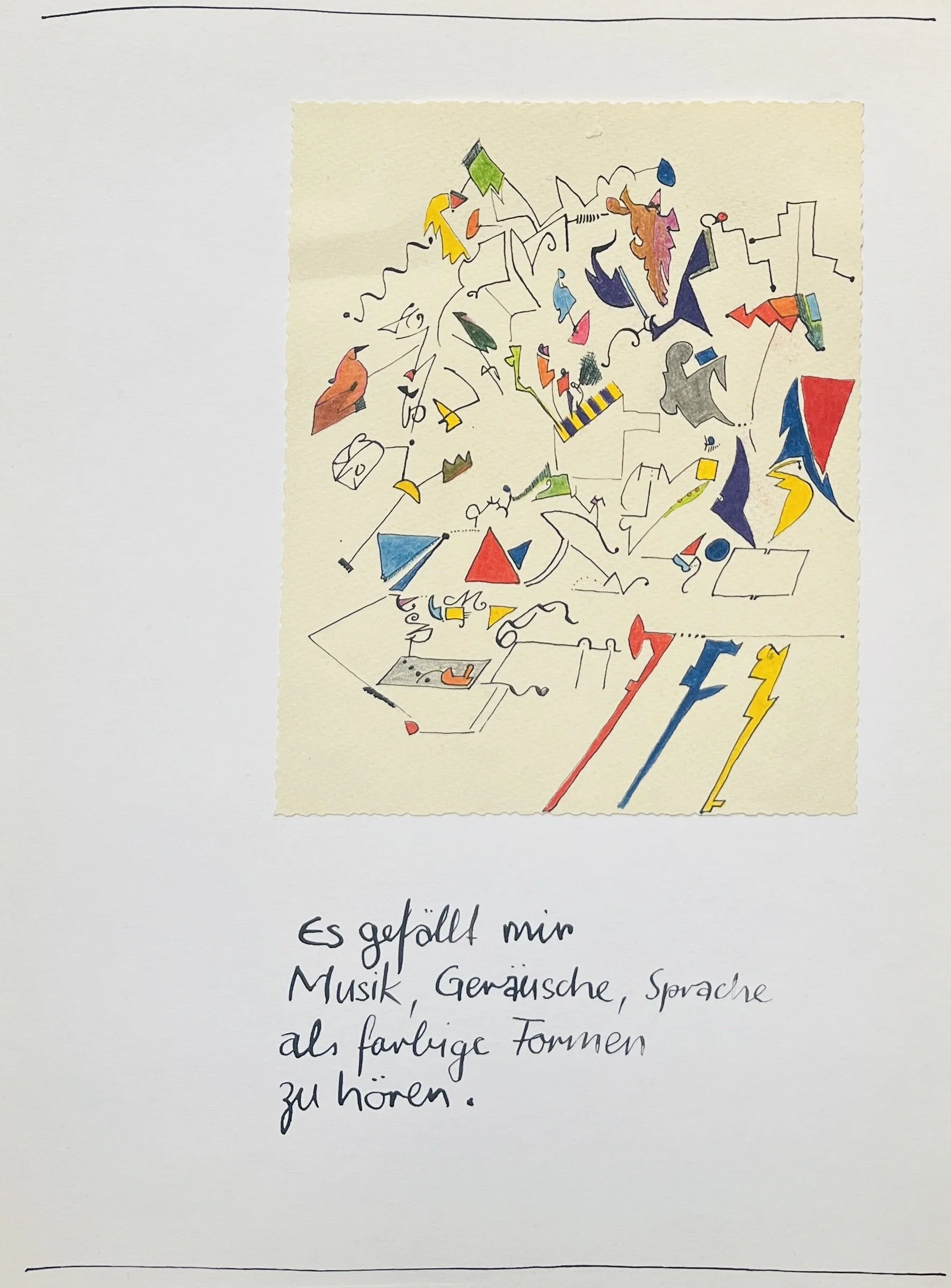 Es gefällt mir Musik, Geräusche, Sprache als farbige Formen zu hören, drawing, 1977, 27 x 20,50 cm (Private collection)