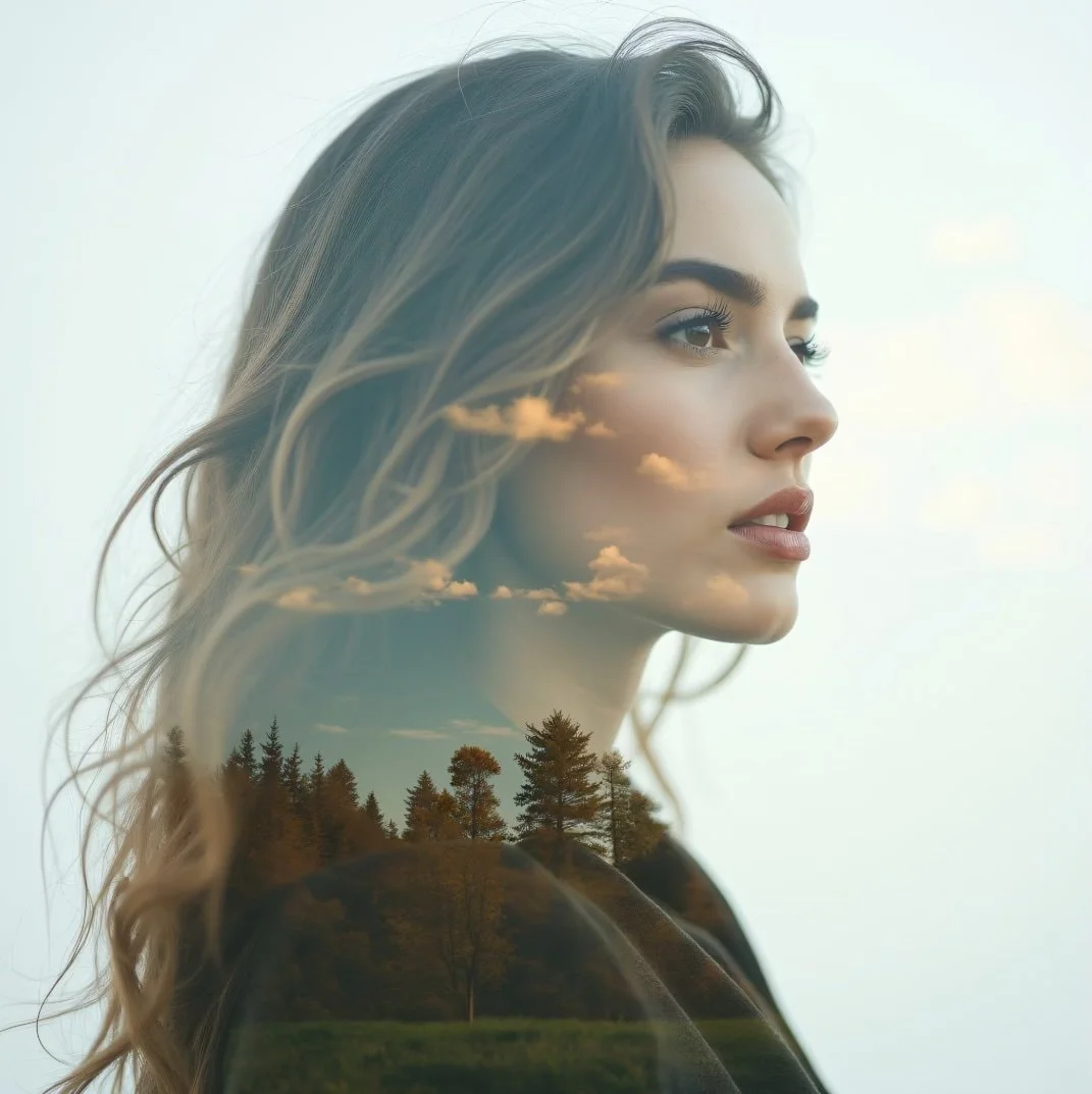 A woman with wavy hair looking to the right, with a superimposed landscape of trees, sky, and clouds blending into her profile.