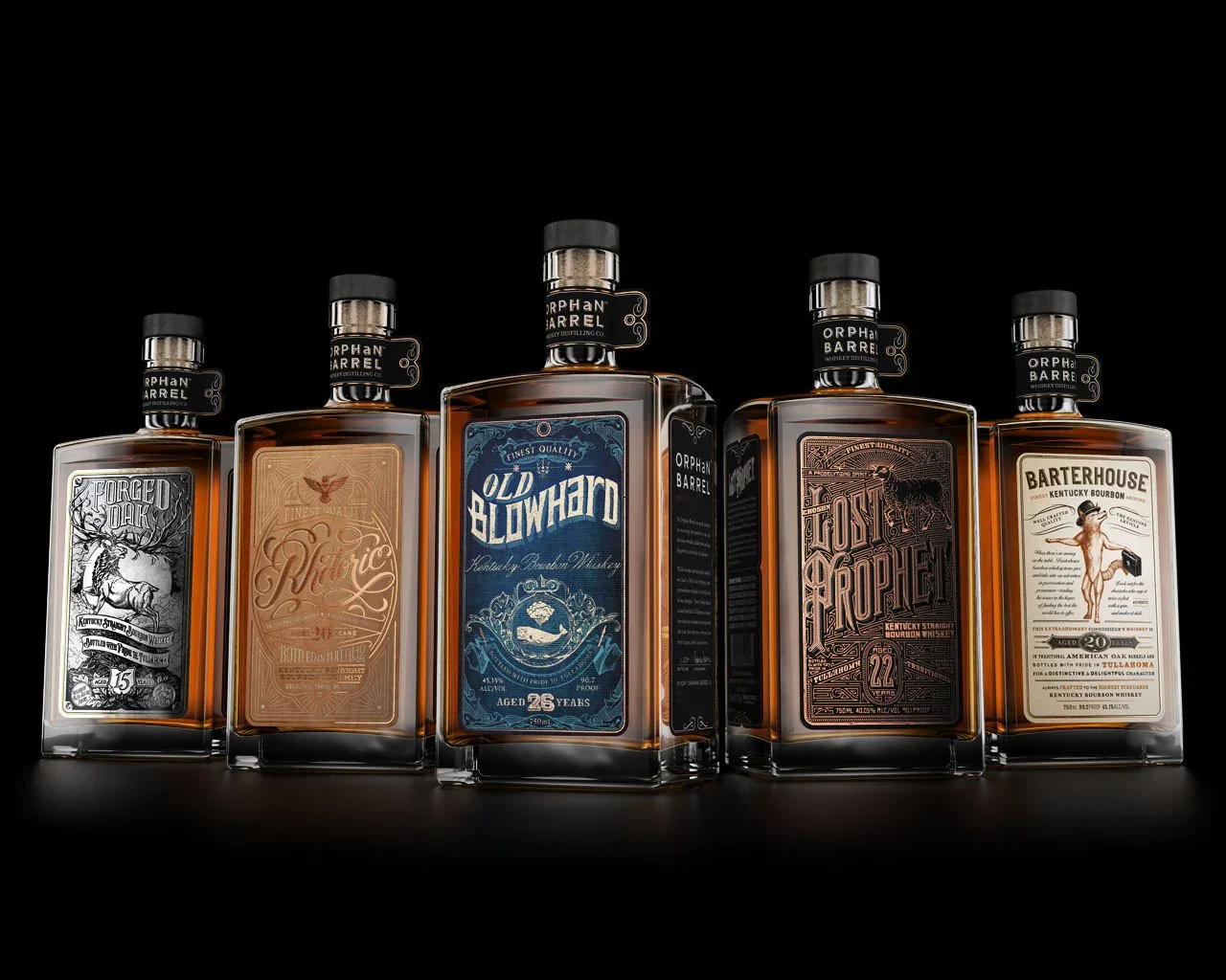Five bottles of whiskey with decorative labels, arranged in a row against a black background.
