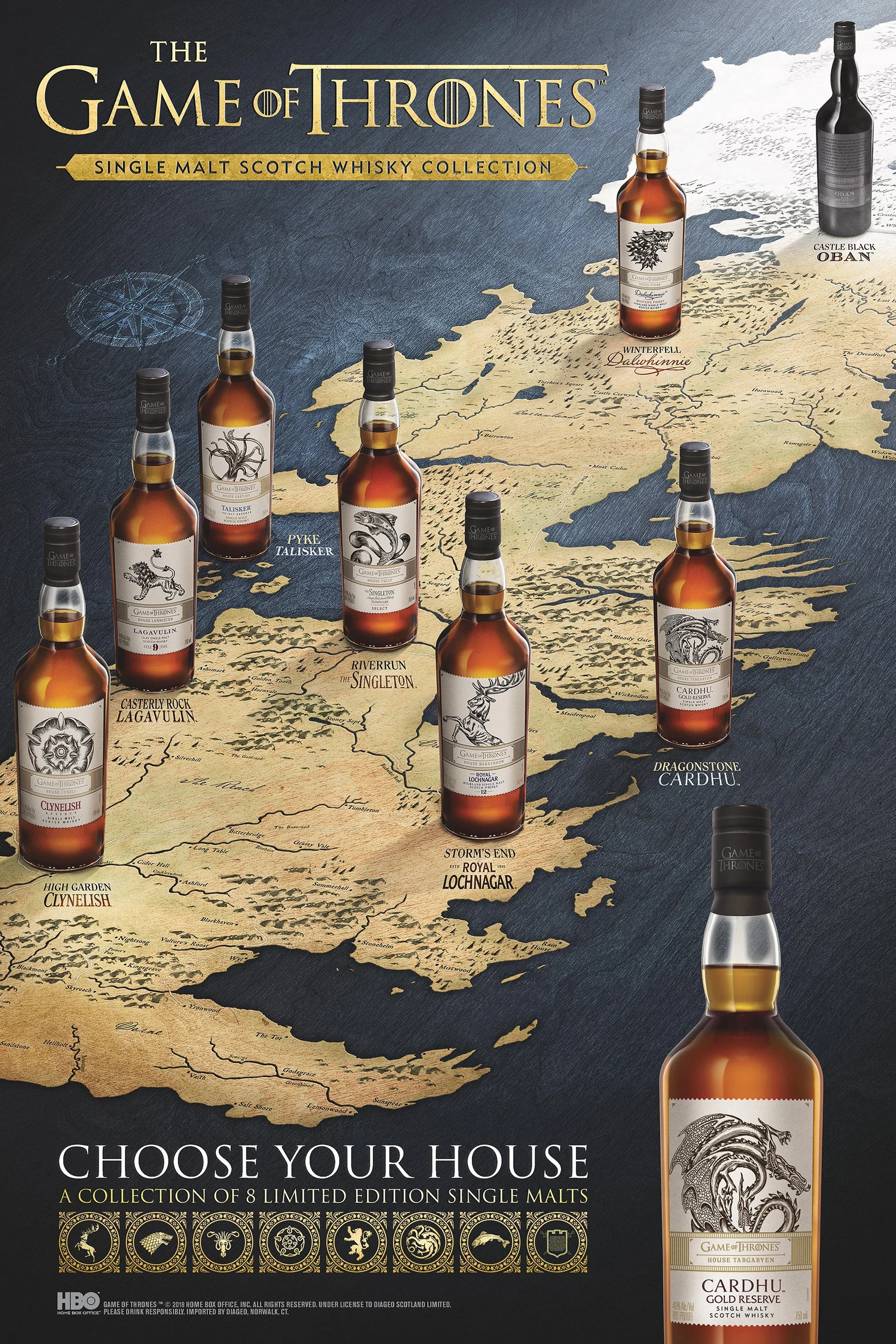 Map of Scotland with bottles of Game of Thrones single malt Scotch whisky placed on various locations, showing different whisky collections from the series.