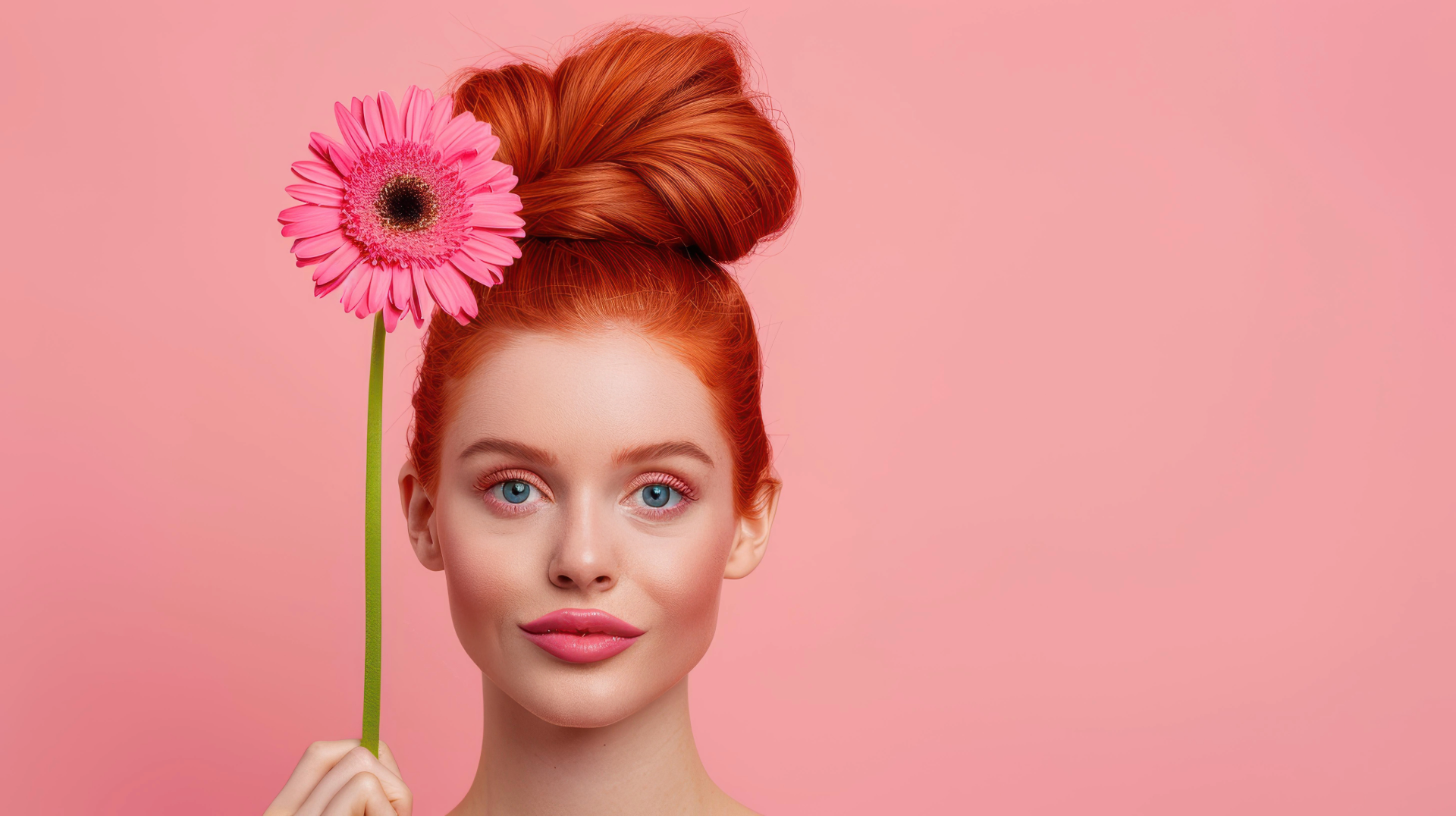 A woman with red hair styled in a large bun, holding a pink gerbera daisy next to her head against a pink background.