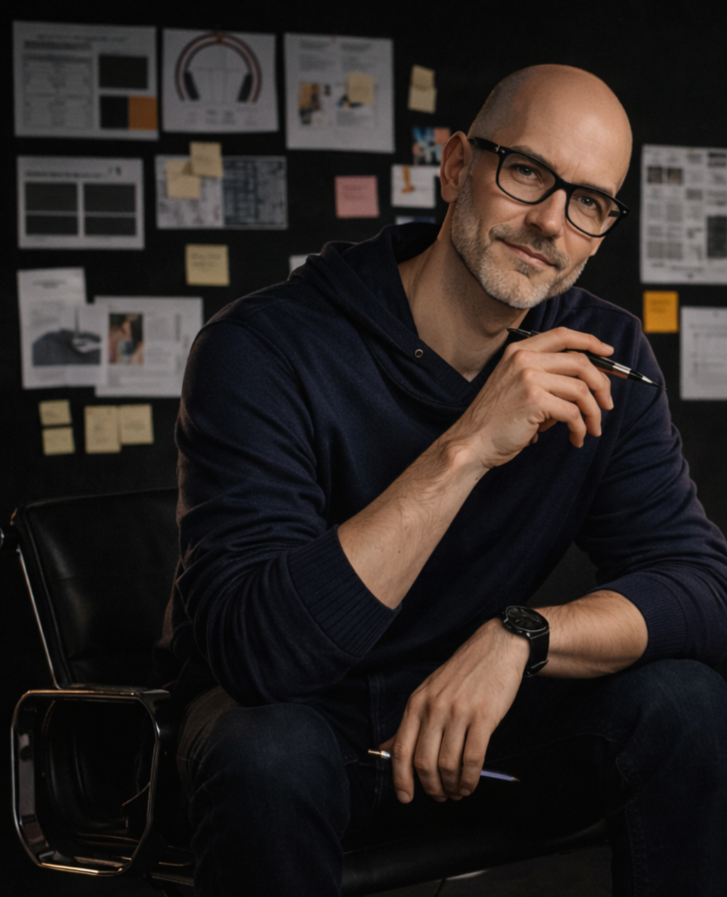 A man in glasses and a dark suit standing behind a bar with bottles of liquor in the background.