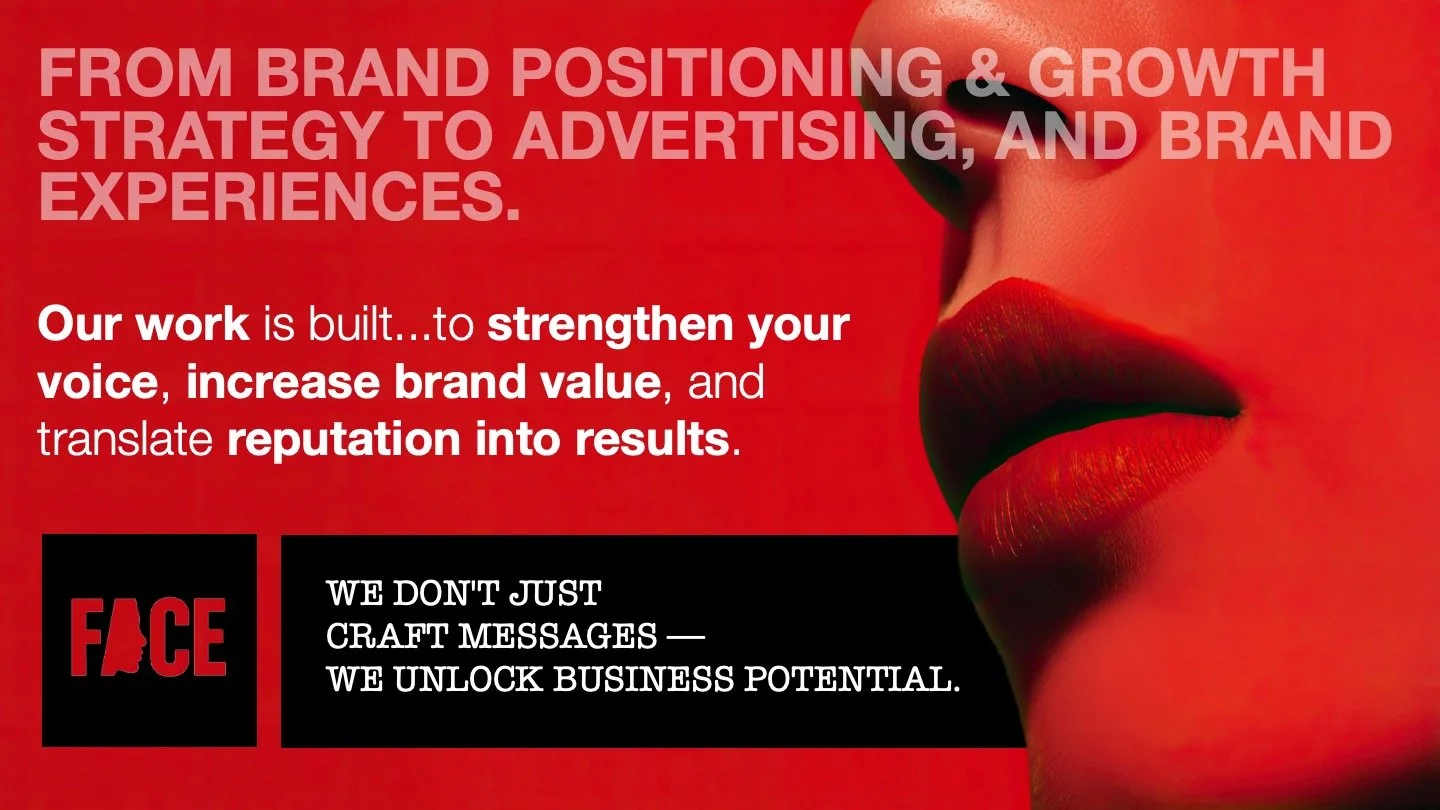 A promotional graphic with red background showing a close-up of red lips, featuring bold white and red text about brand positioning, advertising, and brand experiences, and a black box with the word "FACE" and a tagline about unlocking business potential.