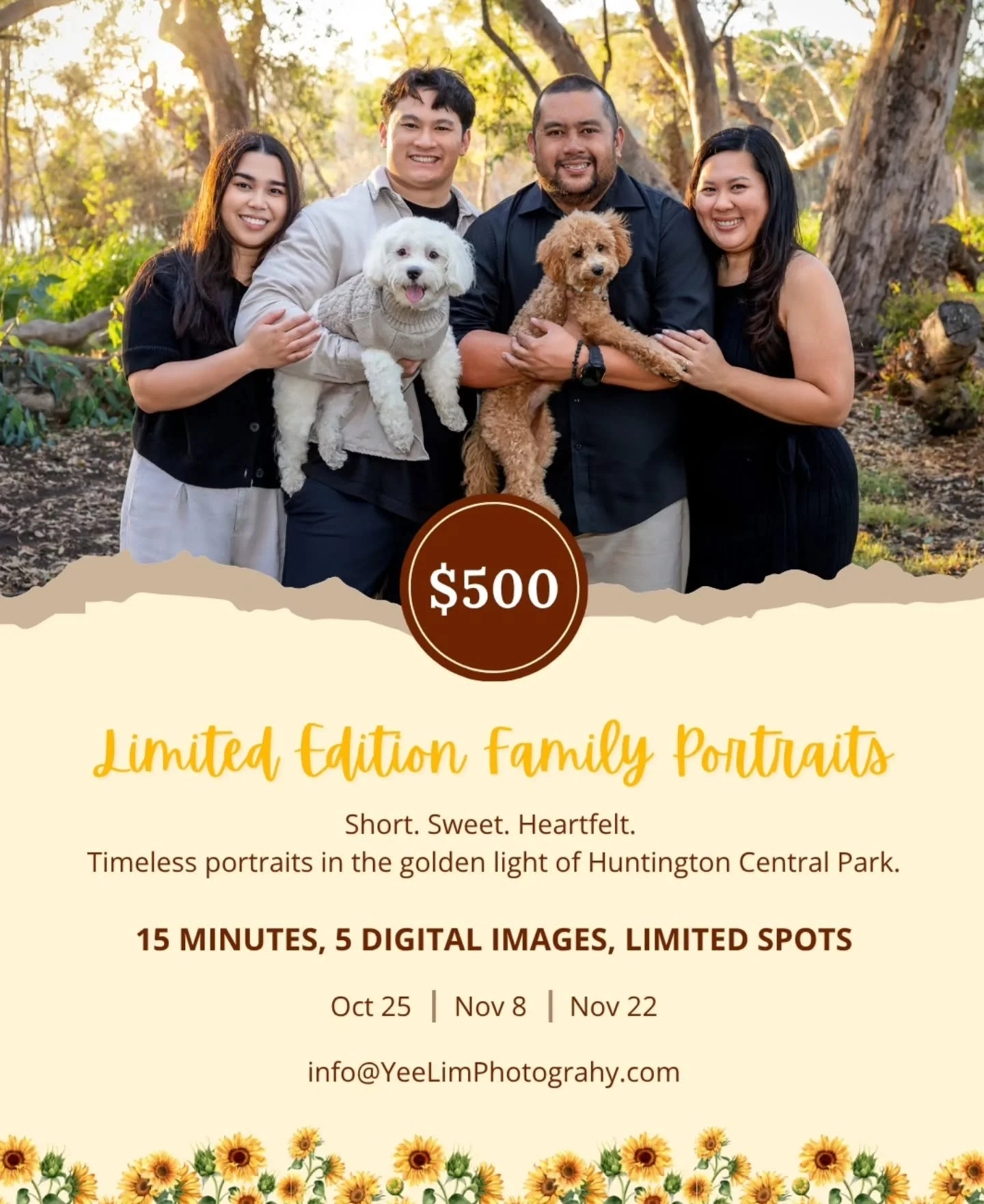 Once a year, Yee Lim Photography opens a limited number of Family Portrait Experiences — short, effortless sessions crafted to celebrate your family’s unique bond.
Set against the natural beauty of Huntington Beach Central Park, these se